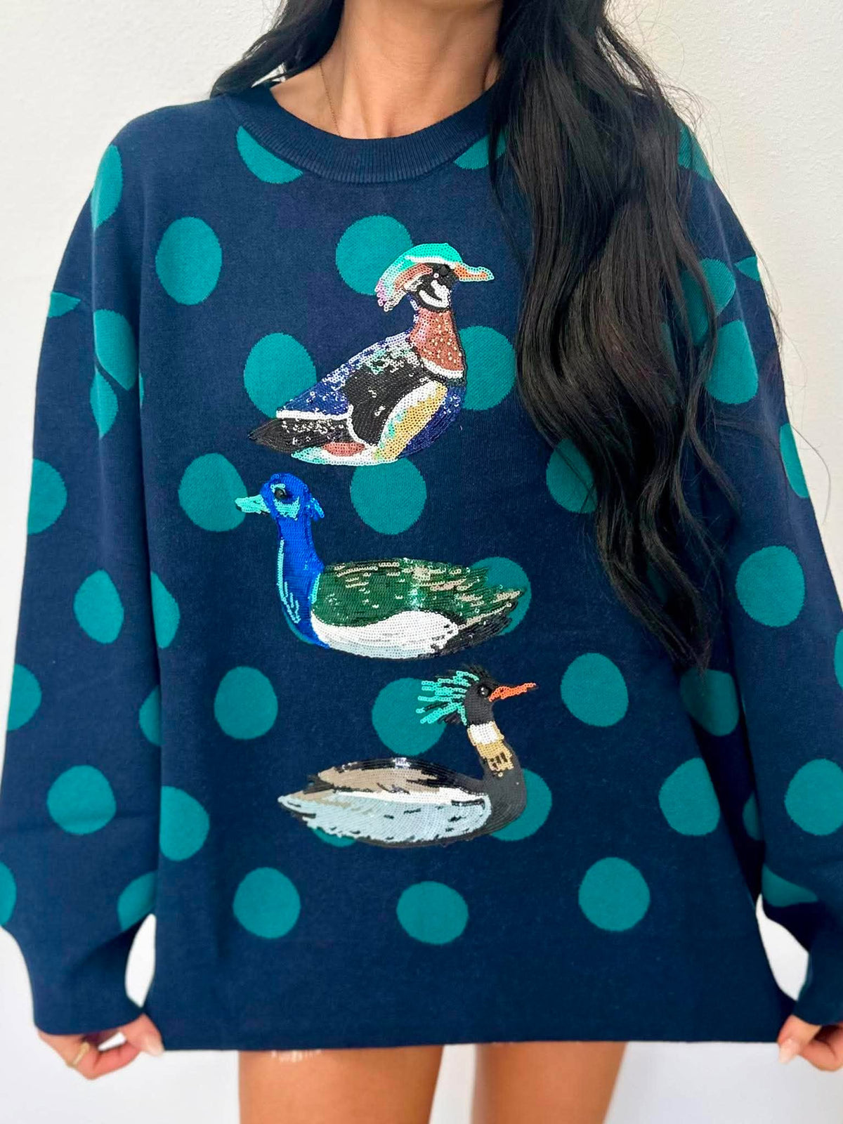 Queen Of Sparkles Navy Polkadot Duck Sweater