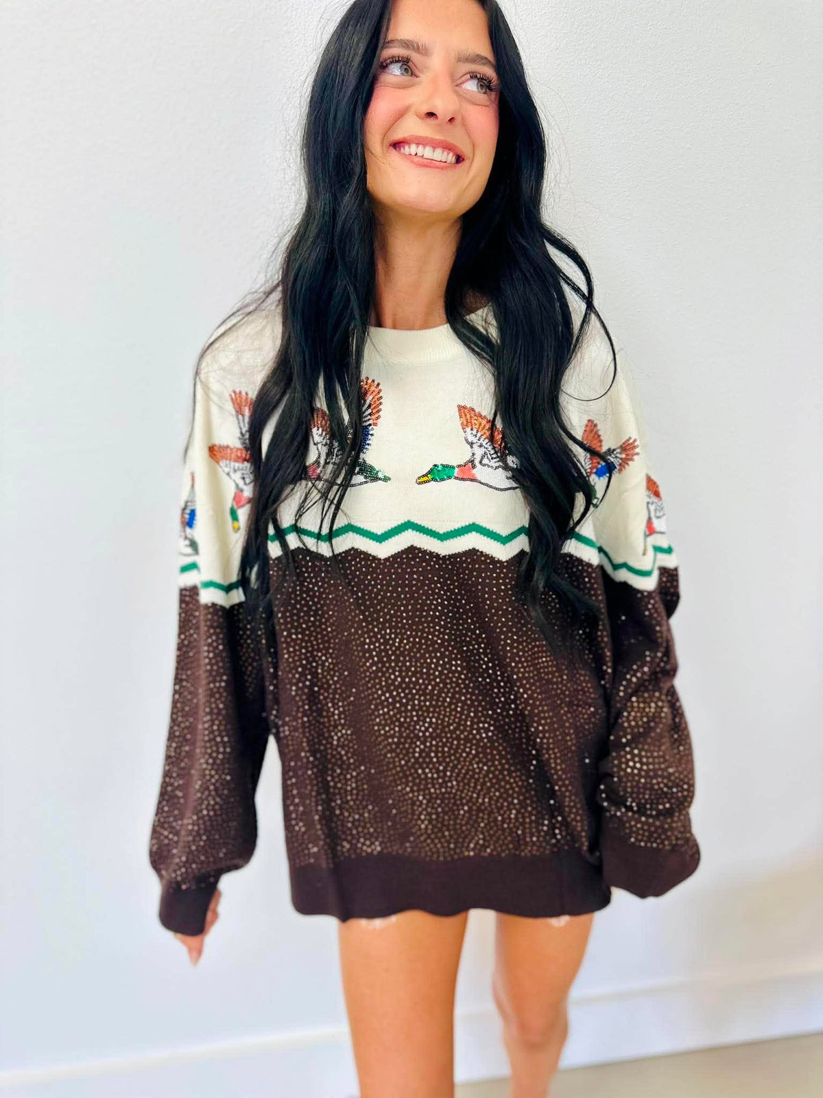 Queen Of Sparkles Brown & Ivory Colorblock Duck Rhinestone Sweater