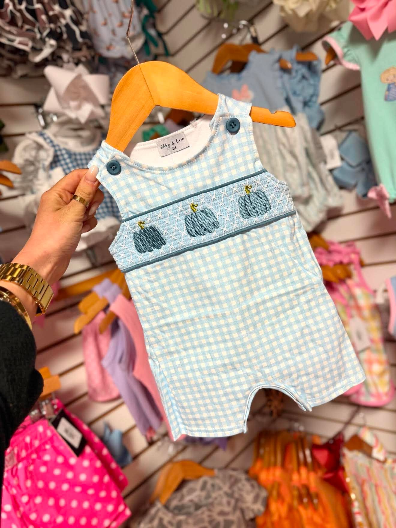 Boys Blue Pumpkin Smocked Gingham Jon Jon