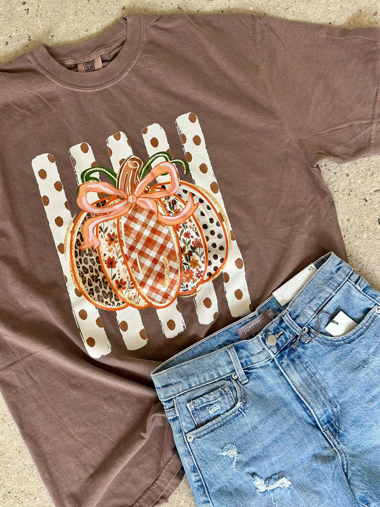 Polka Dot Stripe Pumpkin Espresso Graphic Tee