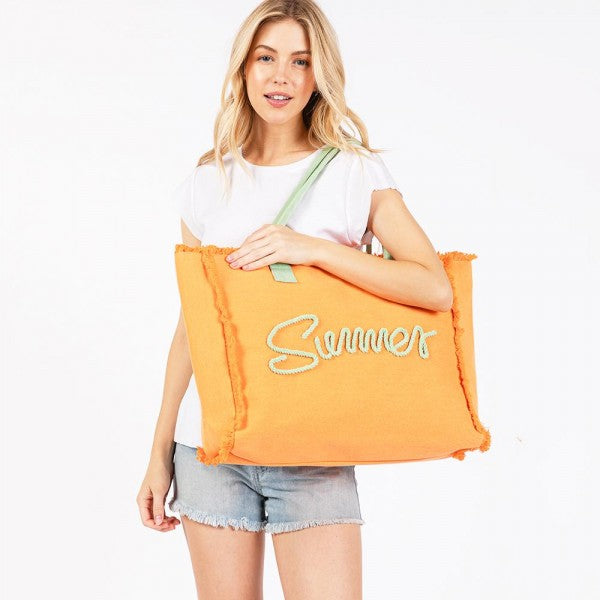 Sewn Rope 'Summer' Letter Fringed Canvas Tote Bag