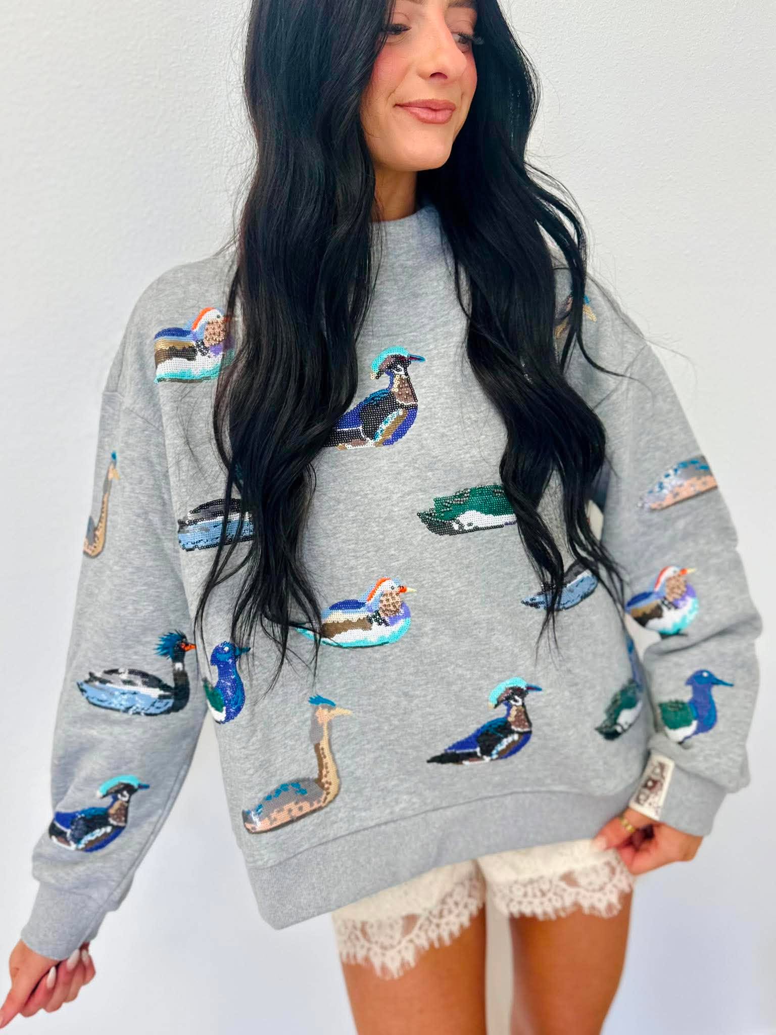 Queen Of Sparkles Dark Grey Multi Duck Mockneck Sweatshirt