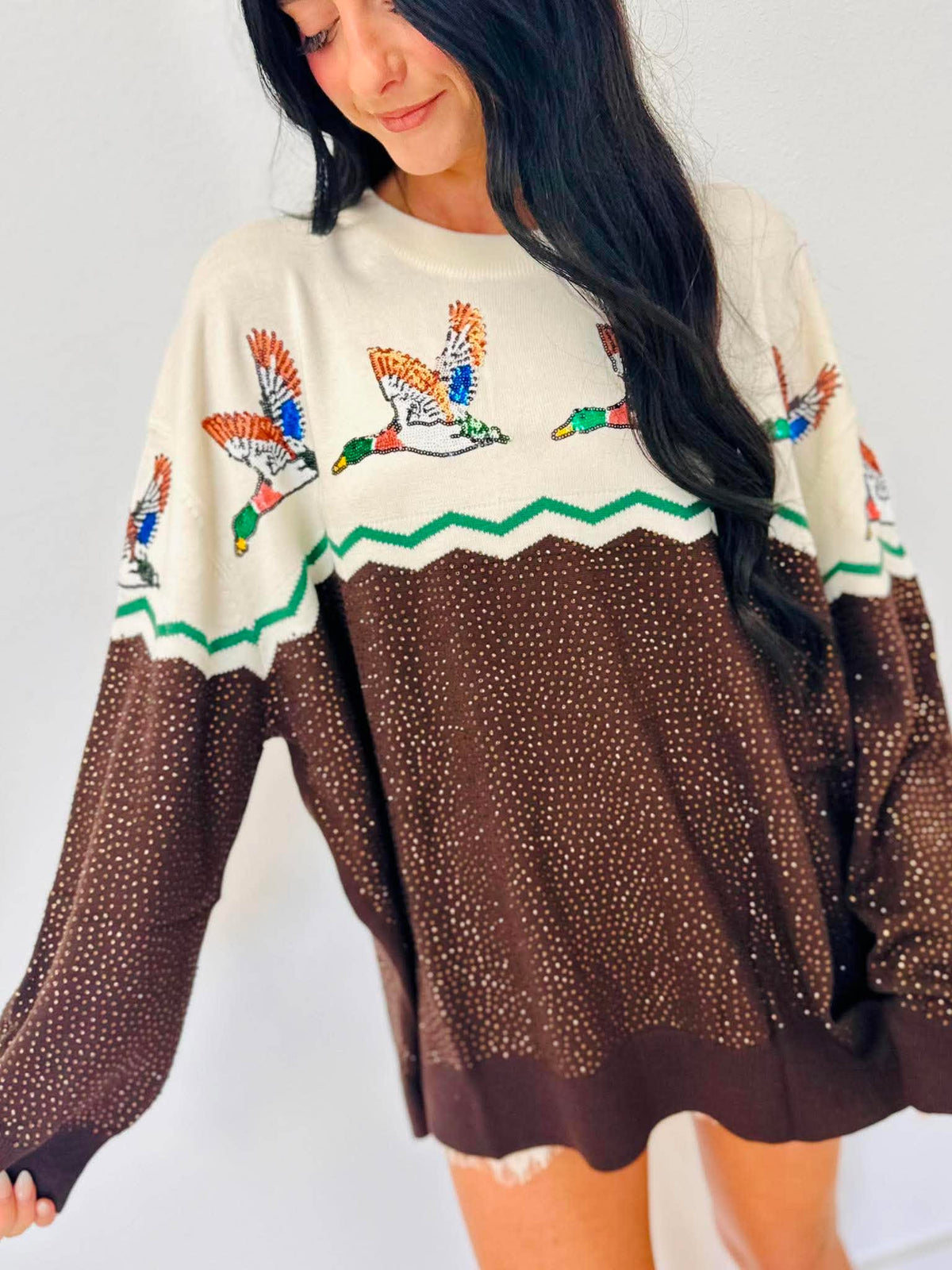 Queen Of Sparkles Brown & Ivory Colorblock Duck Rhinestone Sweater