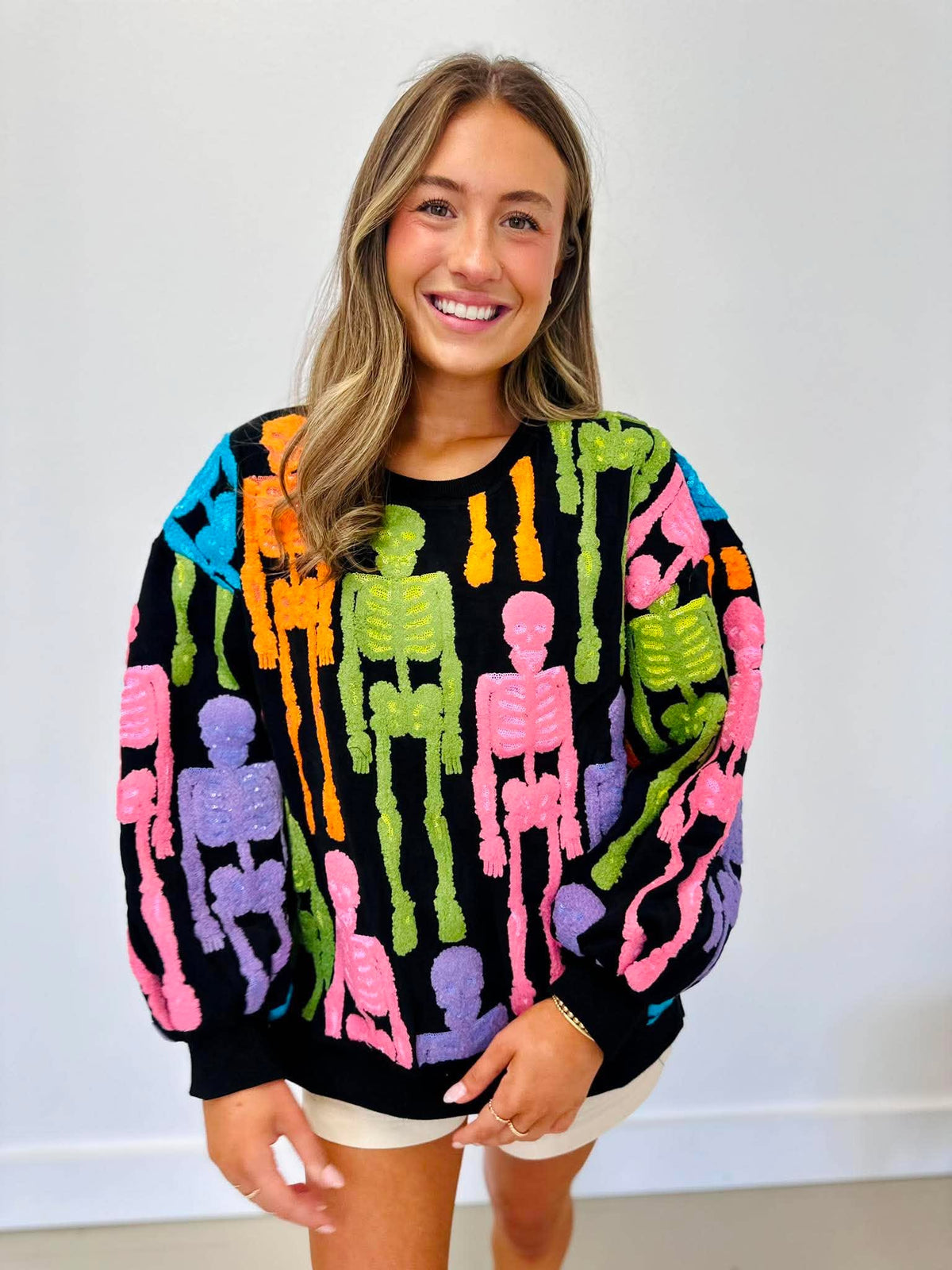 Queen Of Sparkles Black Multi Fuzzy Skeleton Sweatshirt