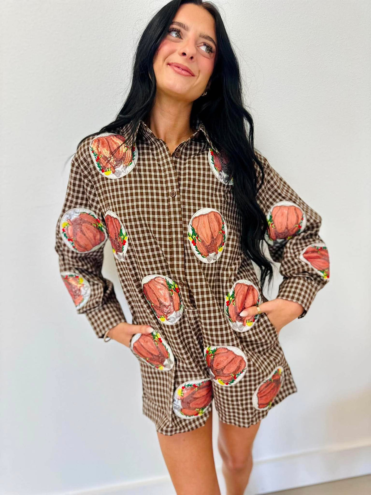 Queen Of Sparkles Brown Plaid Turkey on Plates Button Up Romper