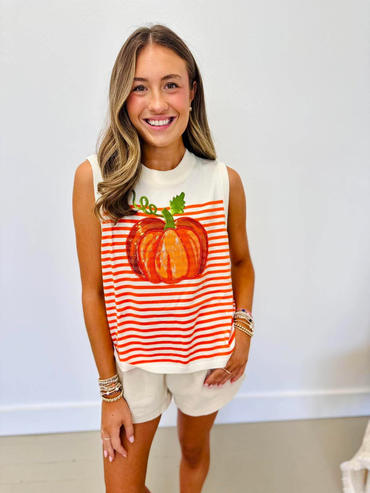 Queen Of Sparkles Ivory & Orange Striped Pumpkin Knit Tank