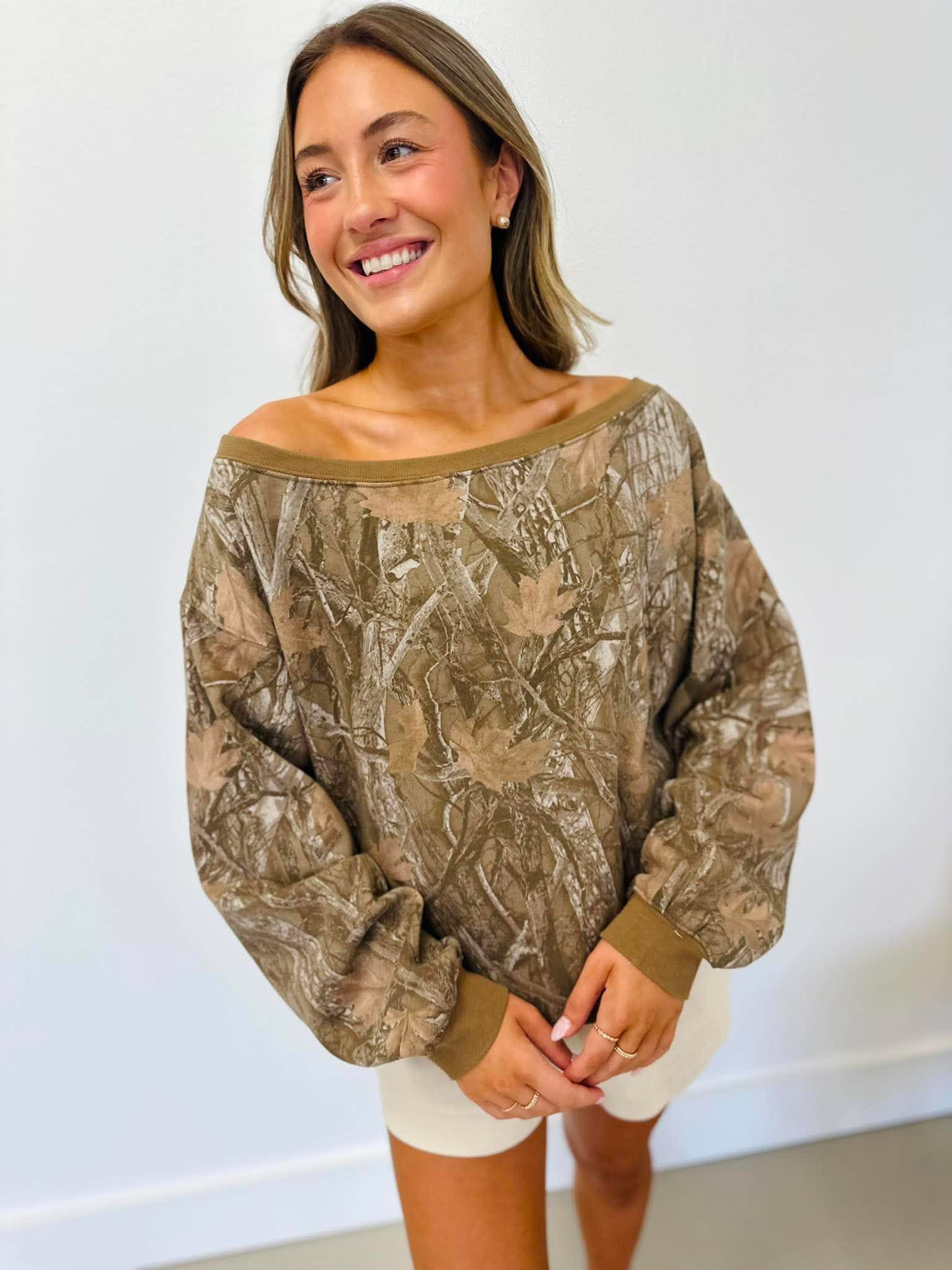 Camo Off The Shoulder Sweatshirt