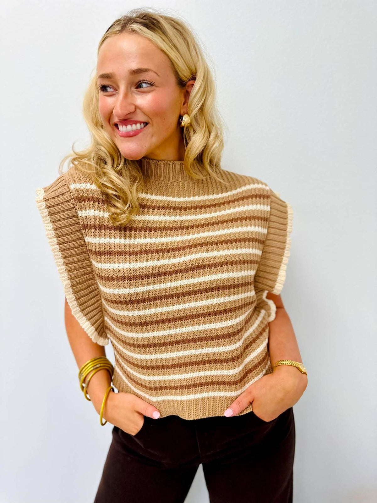Ribbed Ruffle Sleeve Sweater