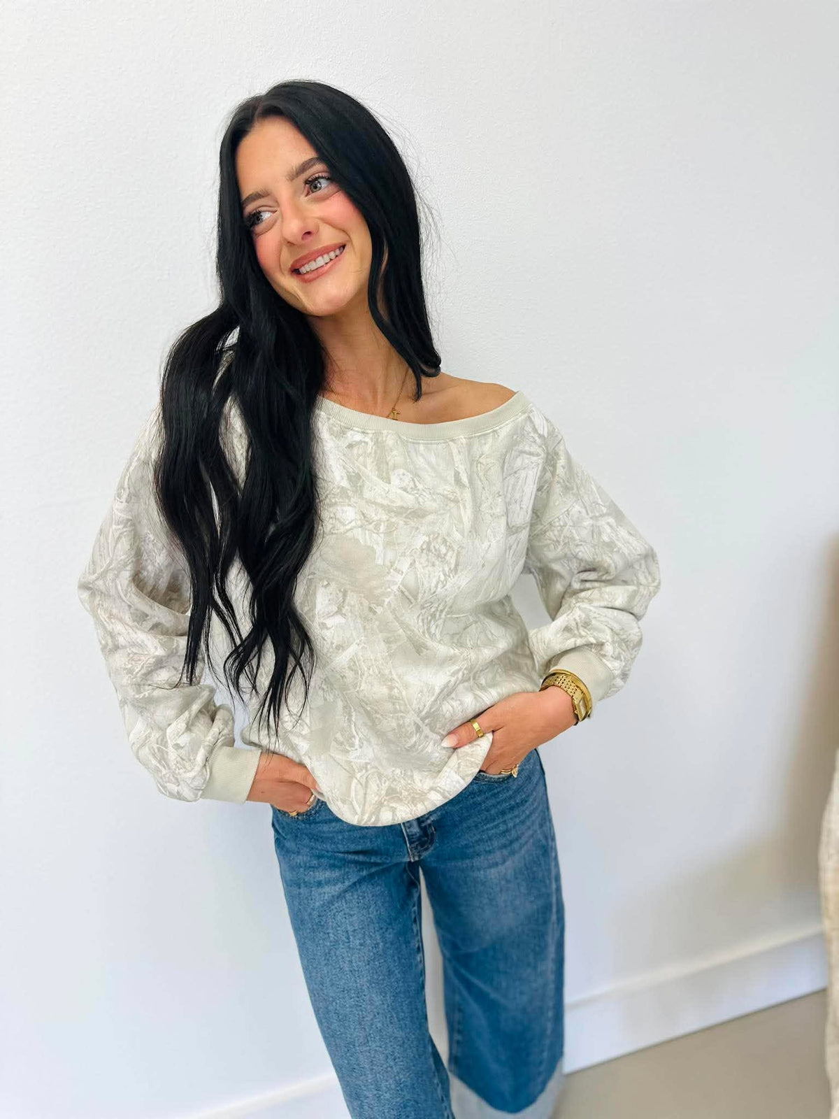 Camo Off The Shoulder Sweatshirt
