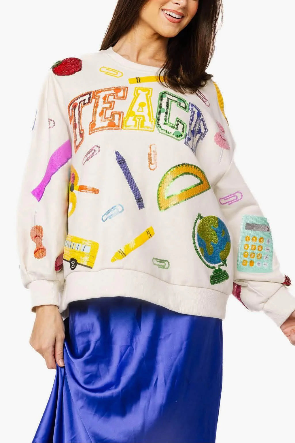 Queen Of Sparkles Beige Multi 'Teach' Scattered Icon Sweatshirt
