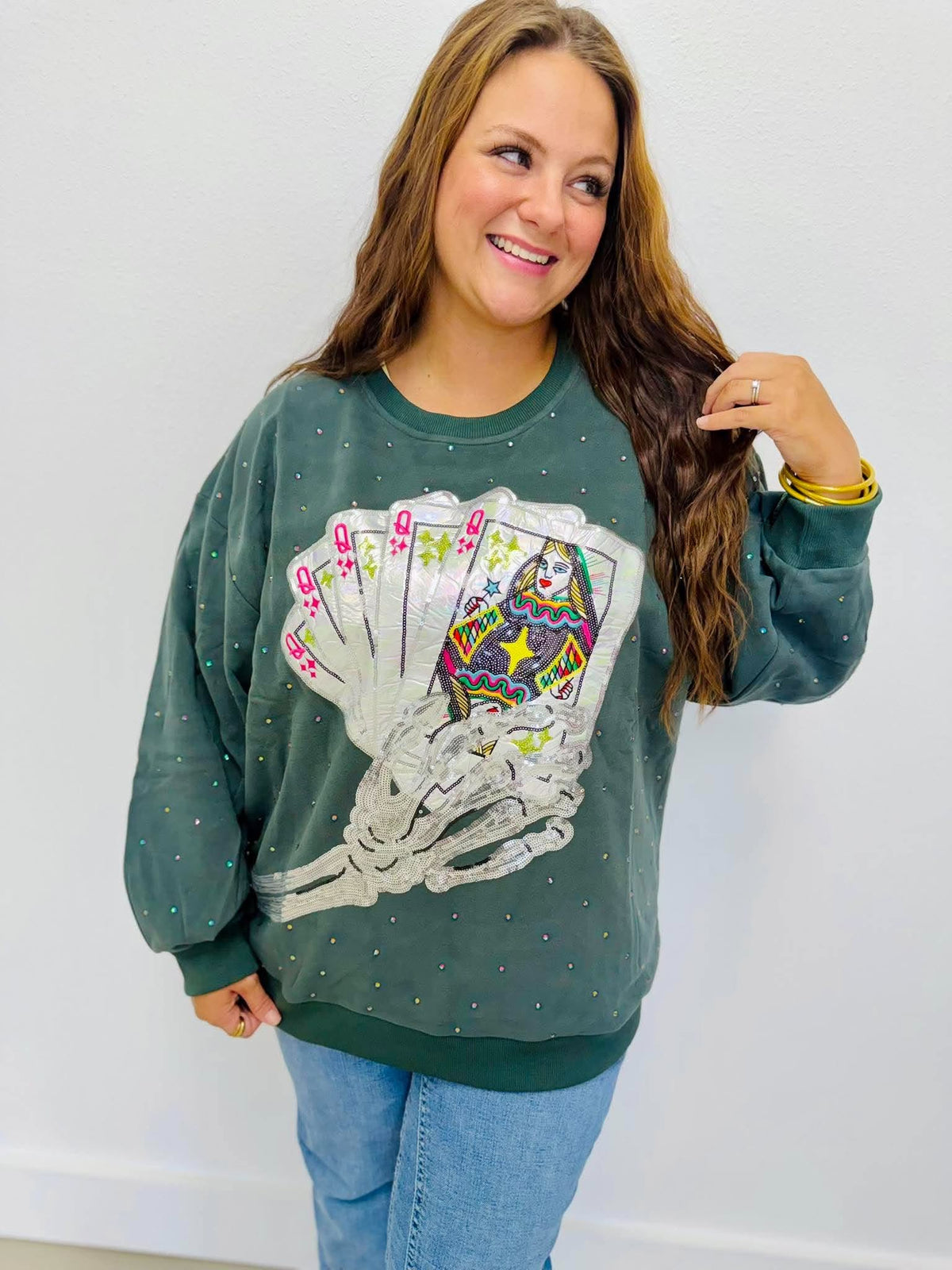 Queen Of Sparkles Charcoal Skeleton Holding Queen Cards Rhinestone Sweatshirt