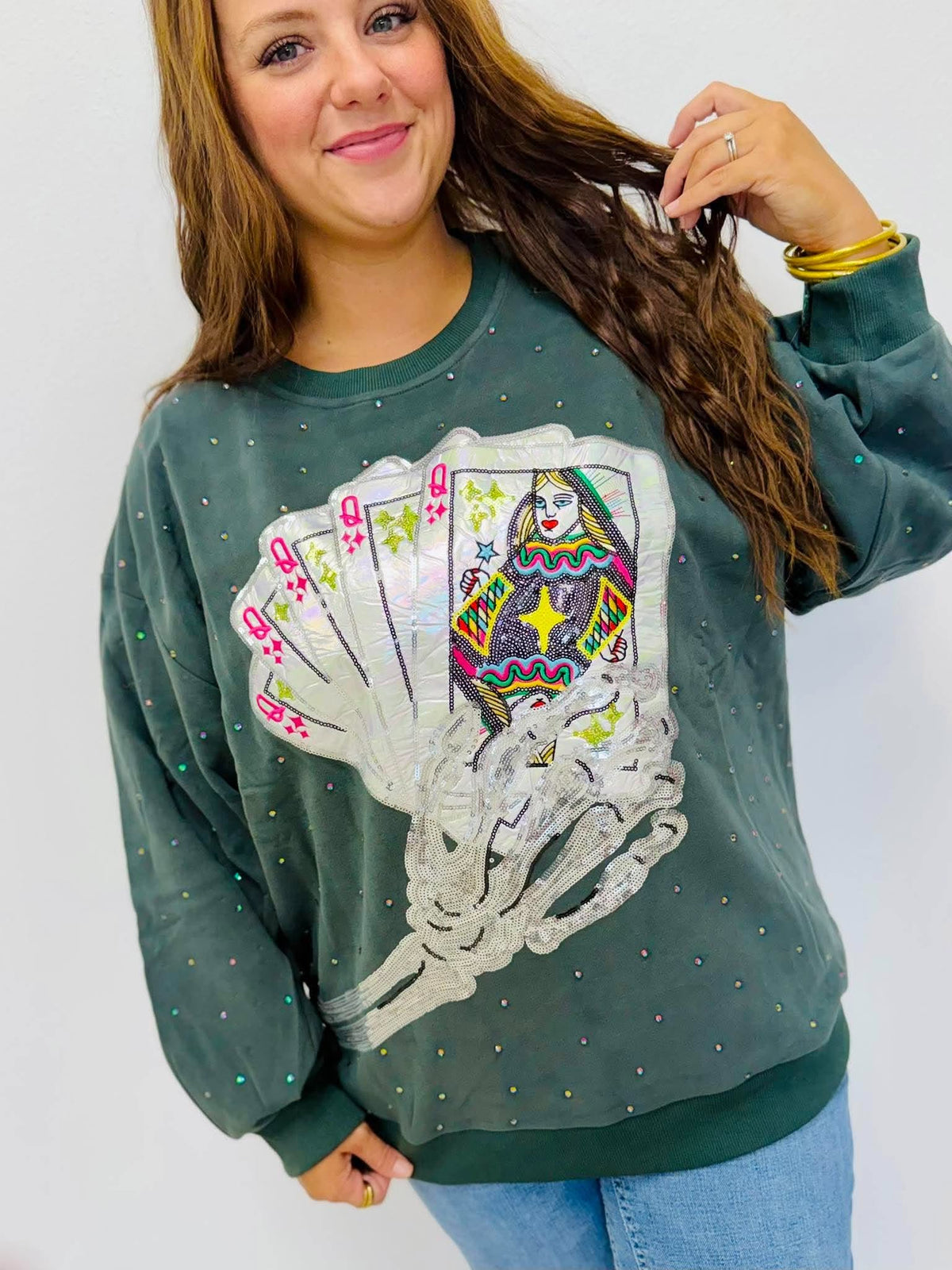 Queen Of Sparkles Charcoal Skeleton Holding Queen Cards Rhinestone Sweatshirt
