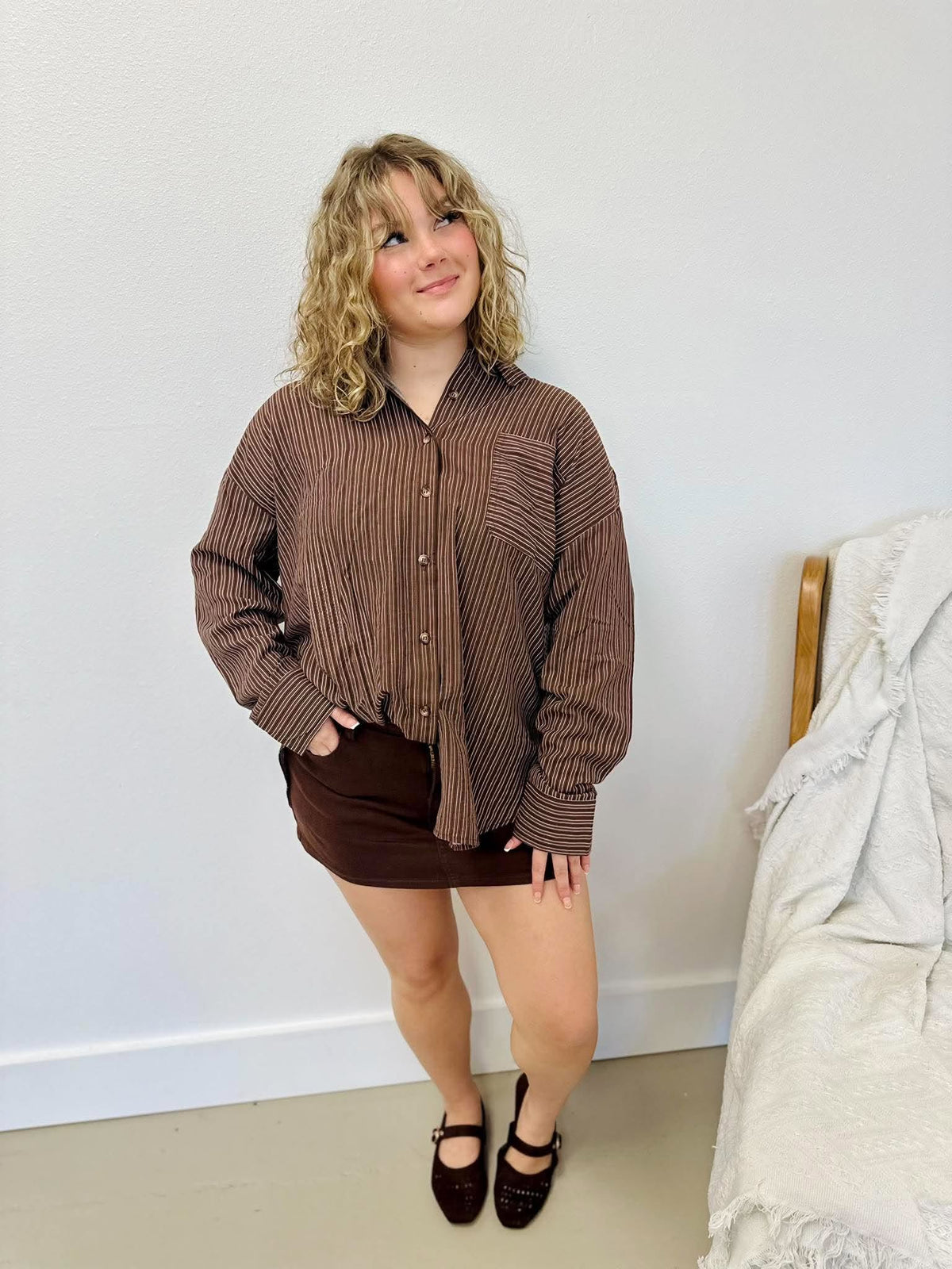 Cafe Striped Button Down Top