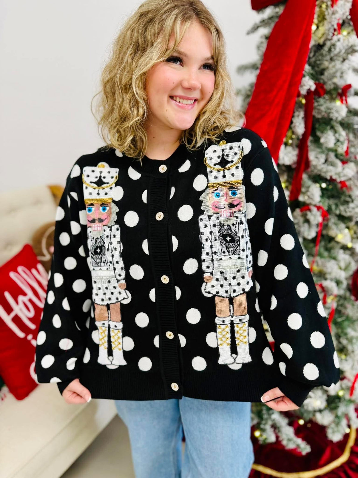 Queen Of Sparkles Black & White Polka Dot Nutcracker in QOS Button Up Cardigan