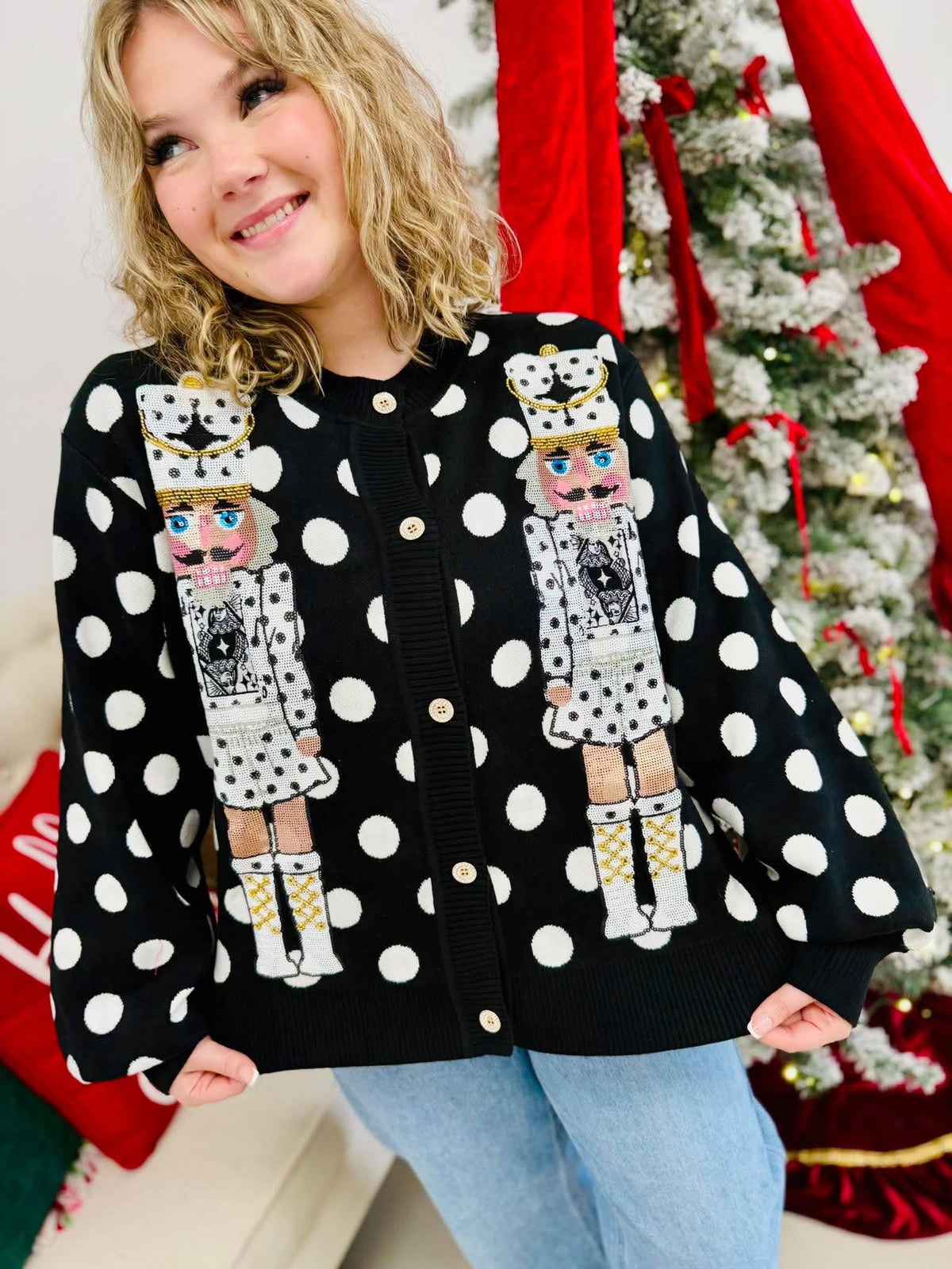 Queen Of Sparkles Black & White Polka Dot Nutcracker in QOS Button Up Cardigan