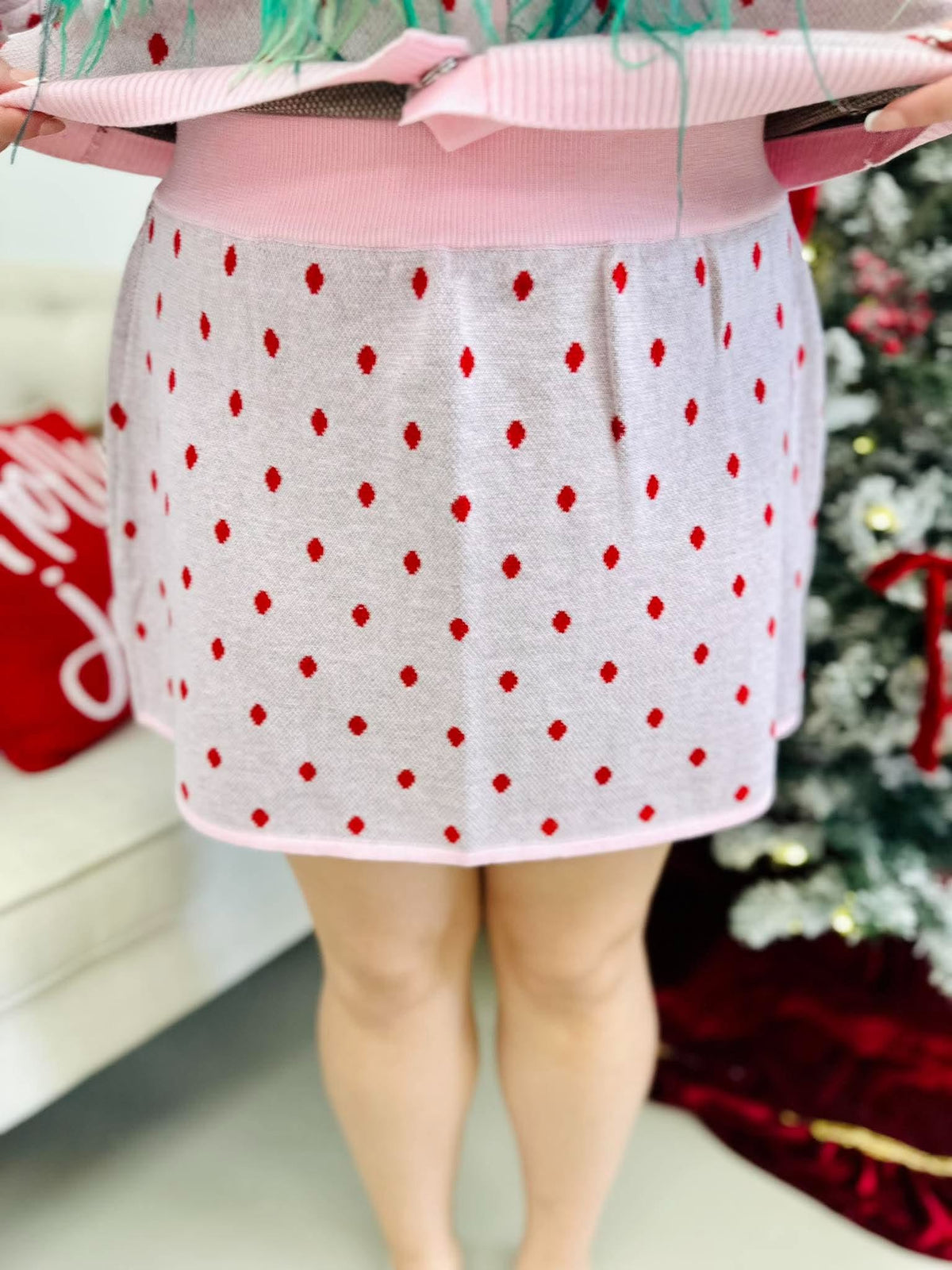 Queen Of Sparkles Light Pink & Red Polka Dot Knit Skirt