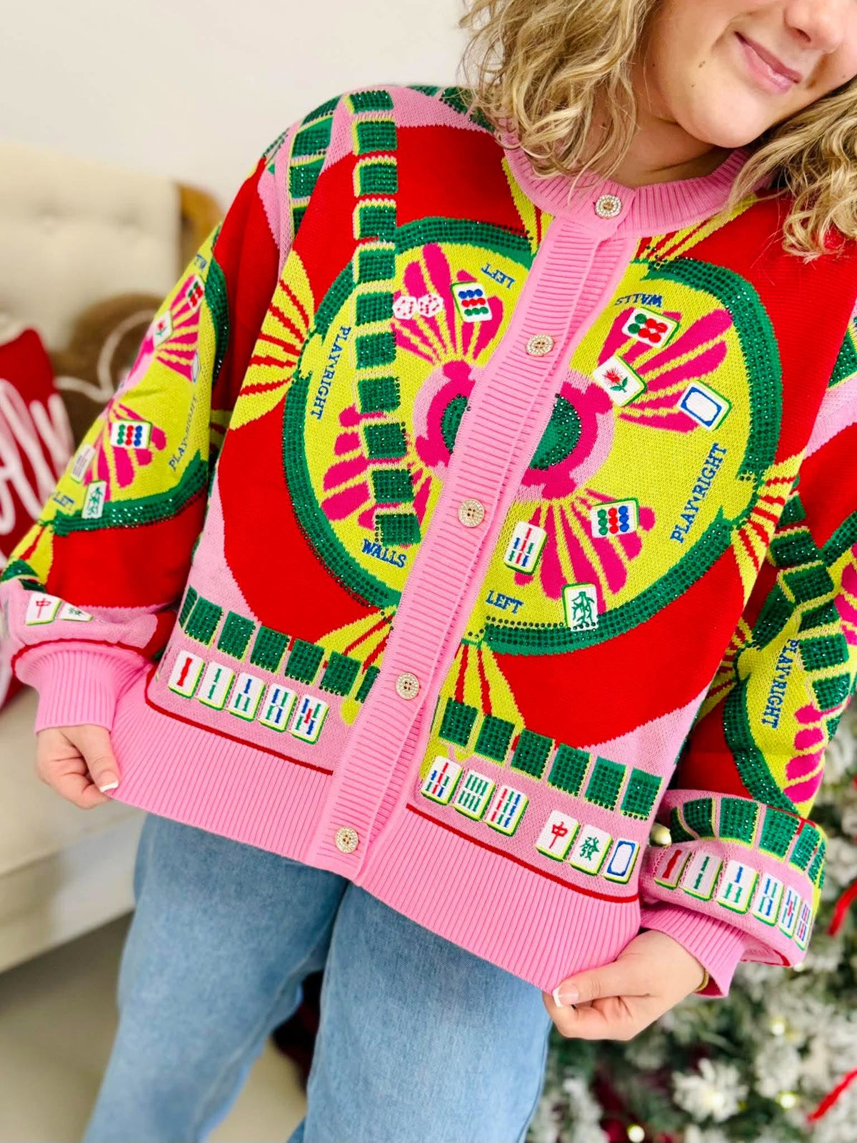 Queen Of Sparkles Light Pink Multi Mahjong Button Up Cardigan