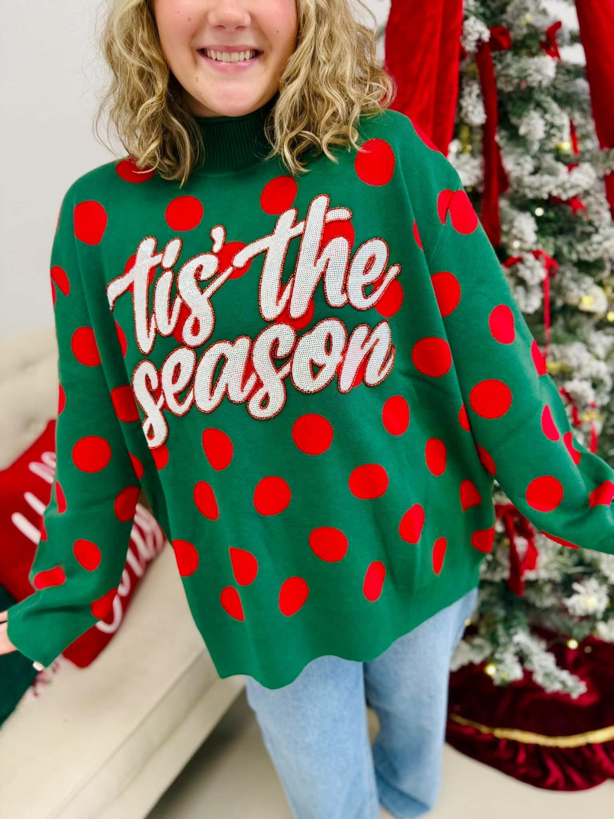 Queen Of Sparkles Green & Red Polka Dot 'Tis the Season' Turtleneck Sweater