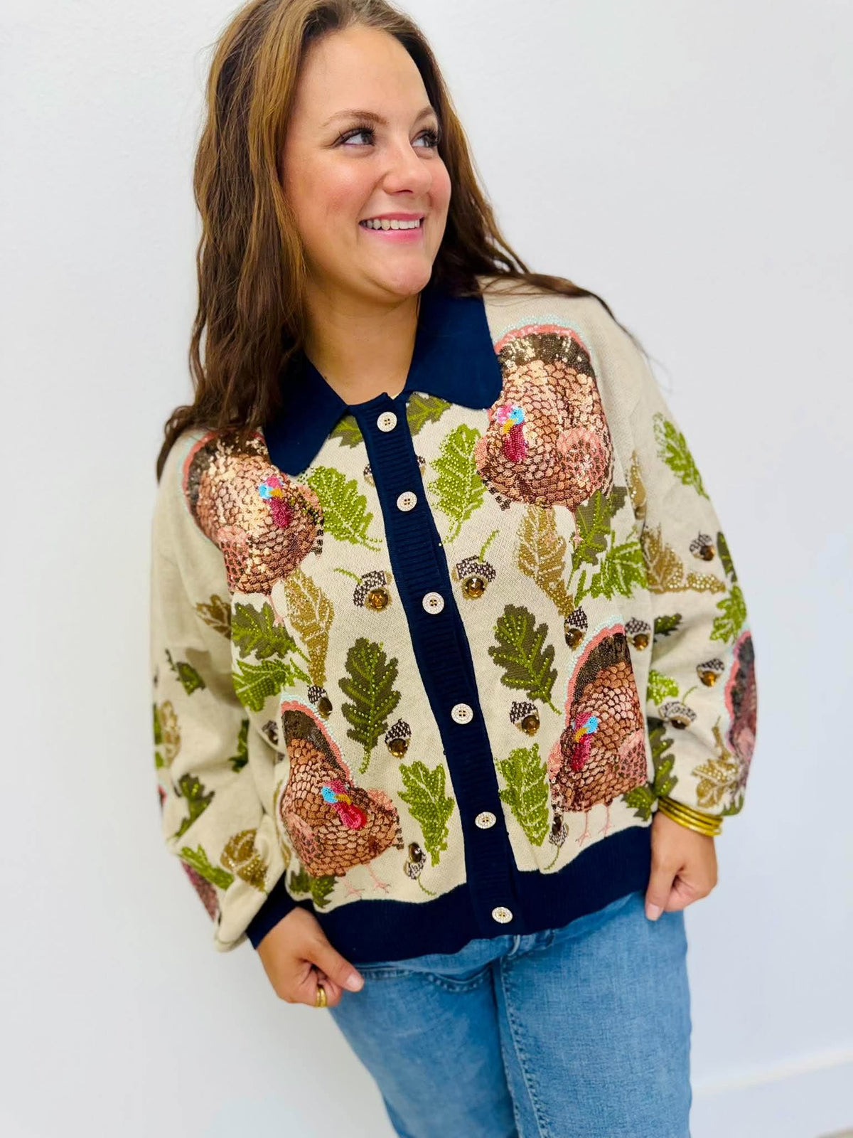 Queen Of Sparkles Navy Trim Button Up Turkey, Leaf & Acorn Button Up Cardigan
