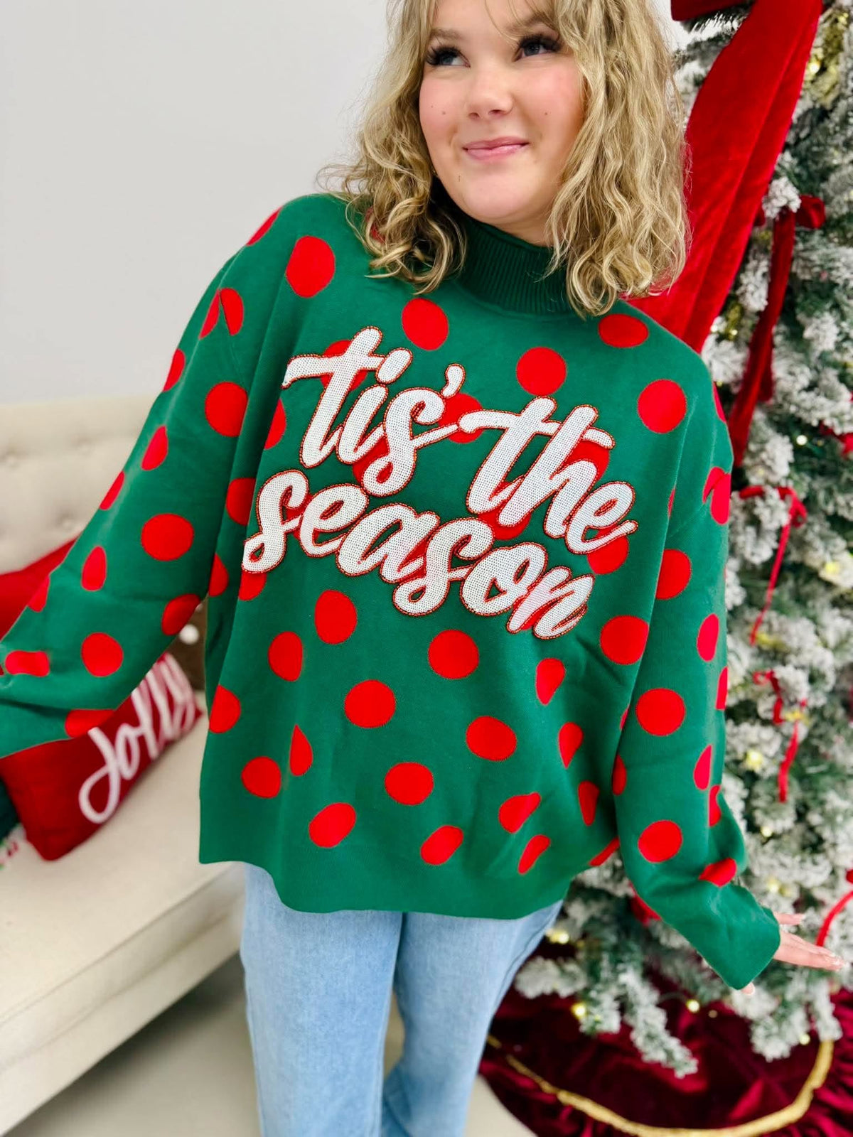 Queen Of Sparkles Green & Red Polka Dot 'Tis the Season' Turtleneck Sweater