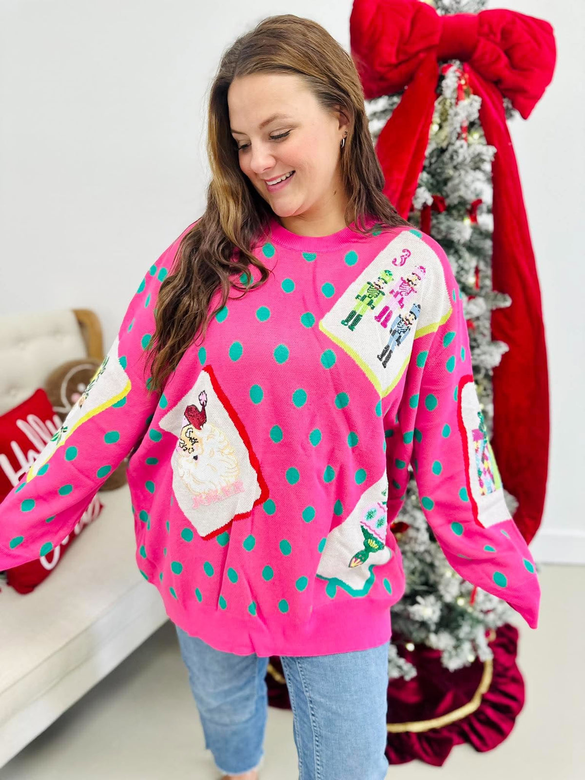 Queen Of Sparkles Pink & Green Polka Dot Christmas Mahjong Tile Sweater