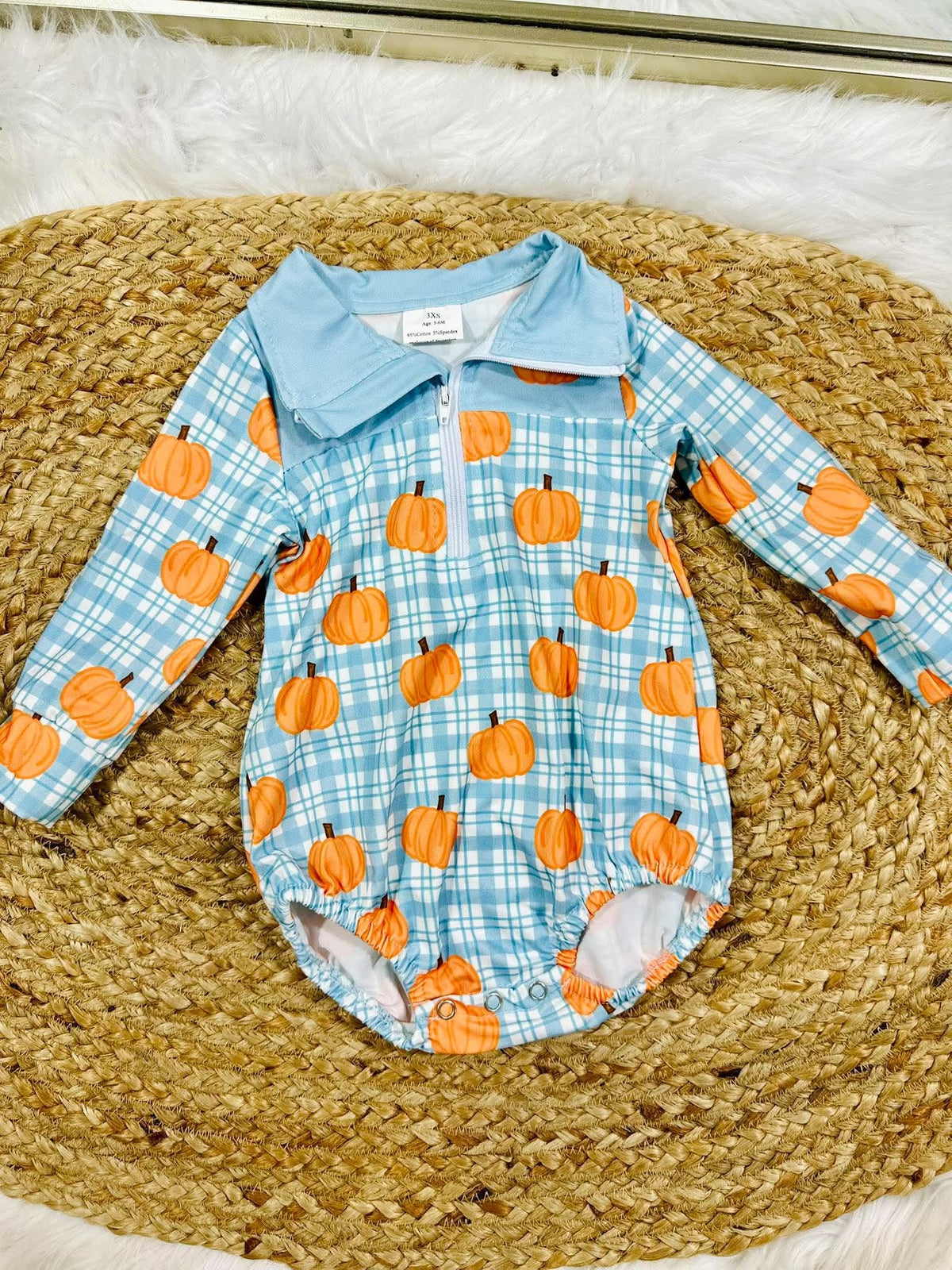 Boys Plaid Pumpkin Zip Up Romper