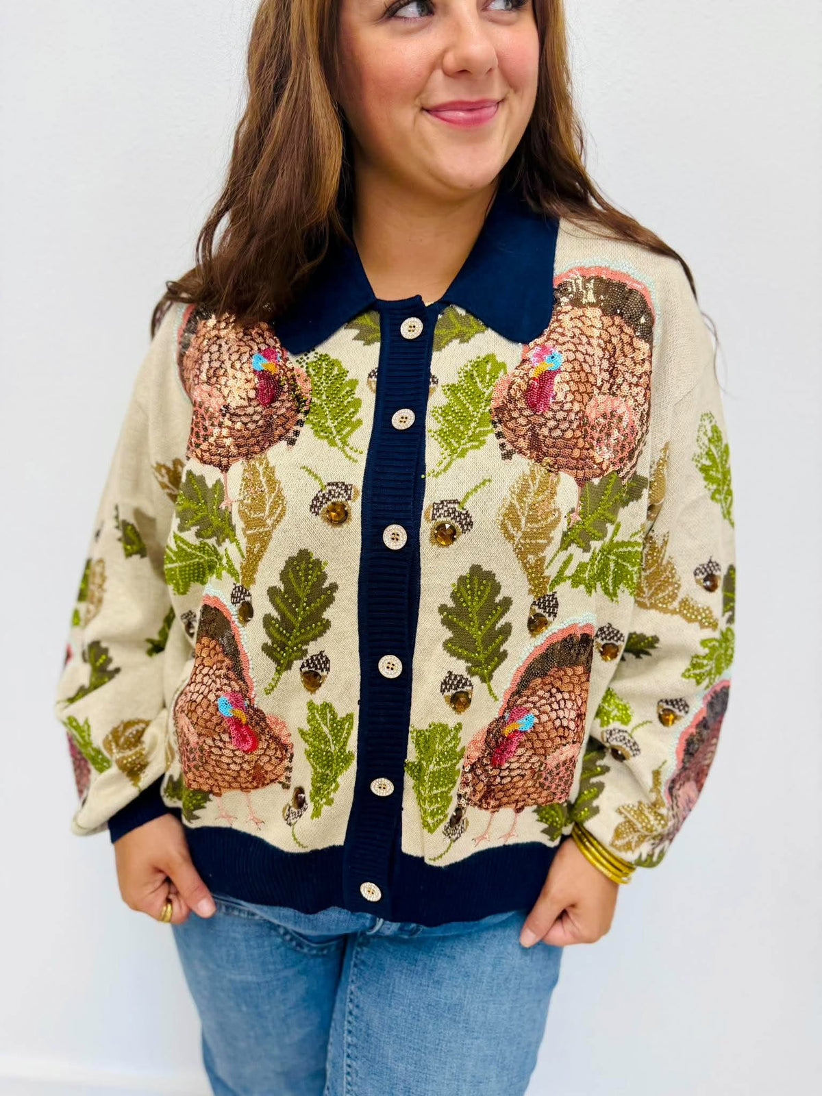 Queen Of Sparkles Navy Trim Button Up Turkey, Leaf & Acorn Button Up Cardigan