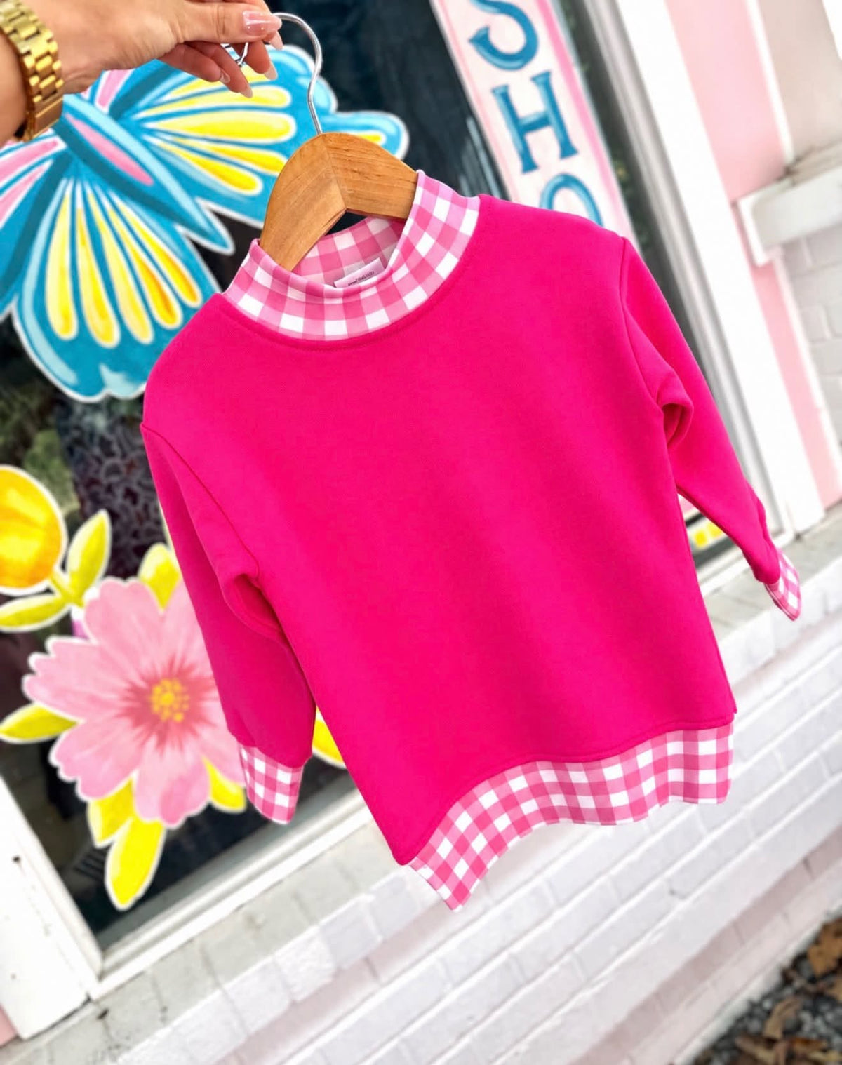 Girls Pink Gingham Mock Neck
