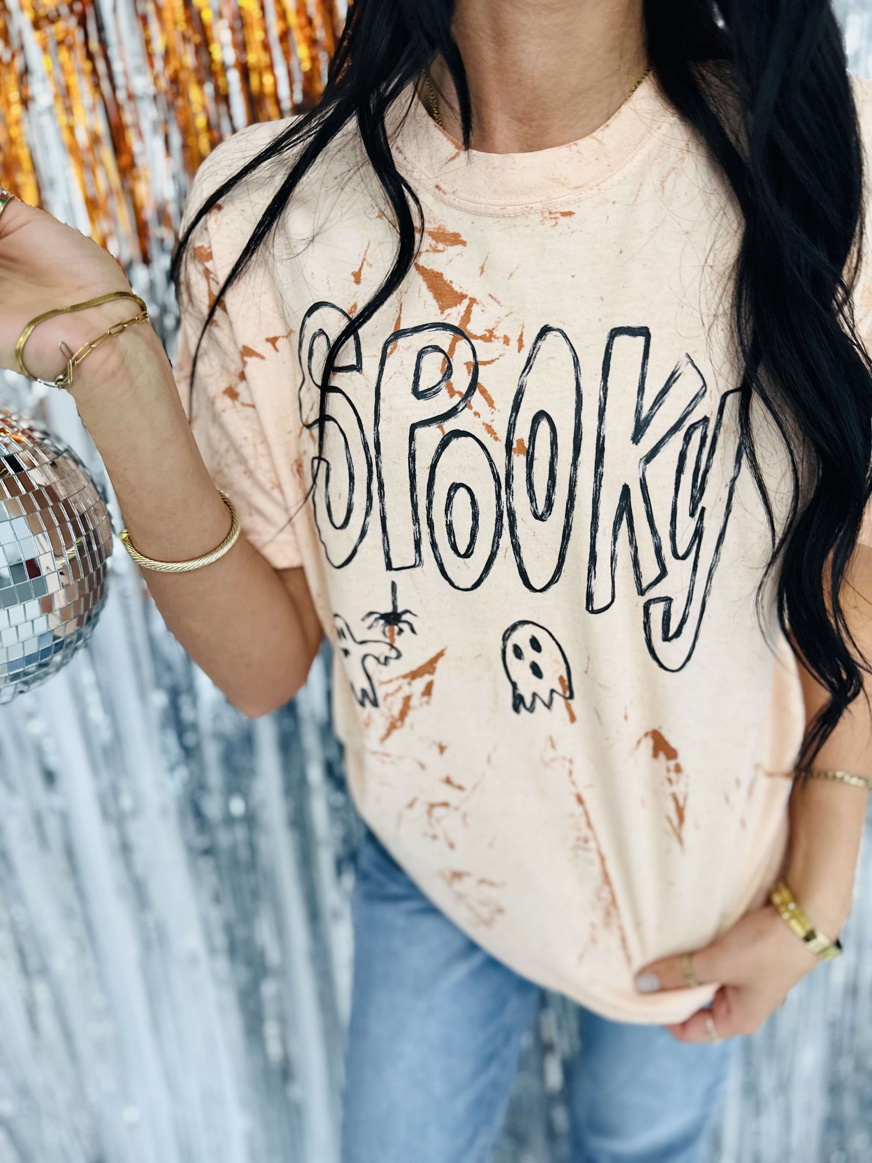 Spooky Sketch Orange Acid Wash Graphic Tee