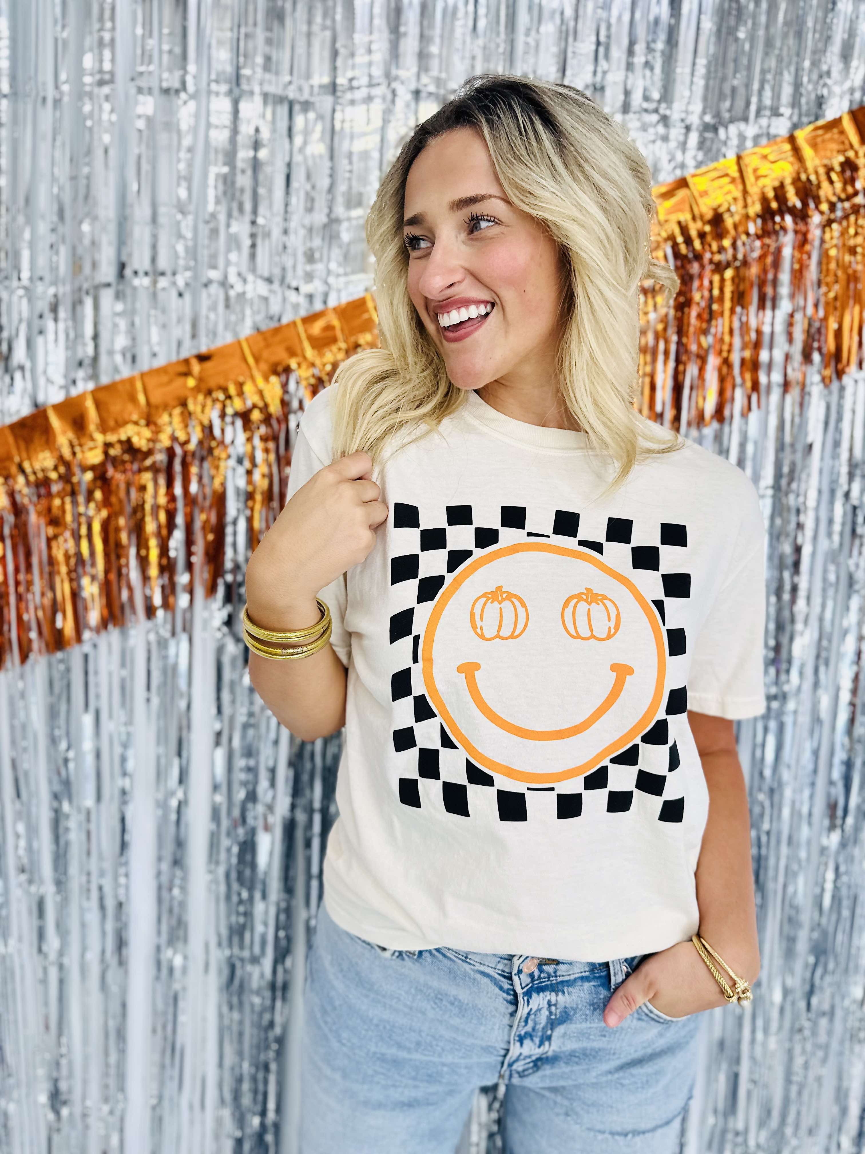 Checkered Pumpkin Happy Face Ivory Graphic Tee