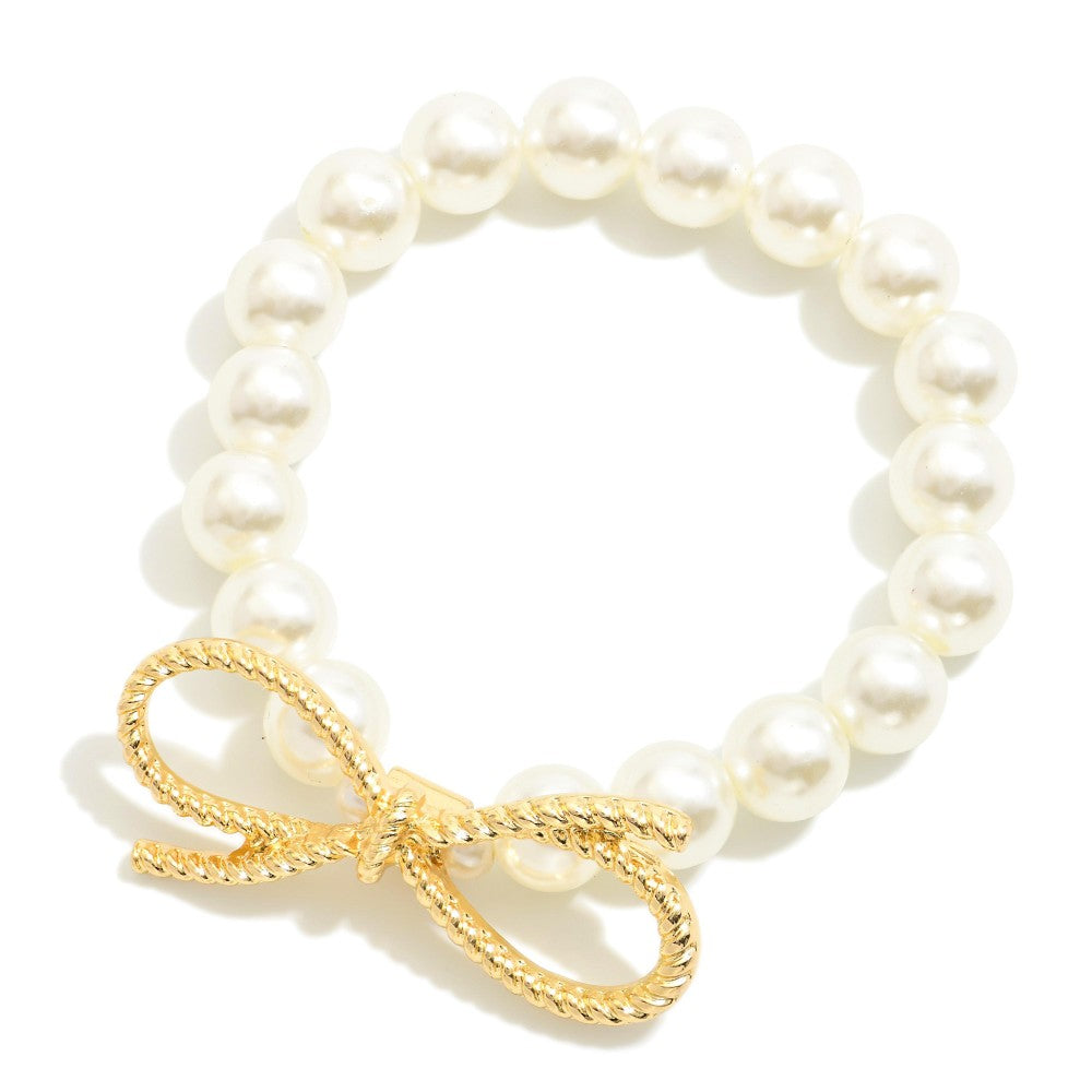 Pearl Beaded Stretch Bracelet Featuring Metal Rope Bow Focal