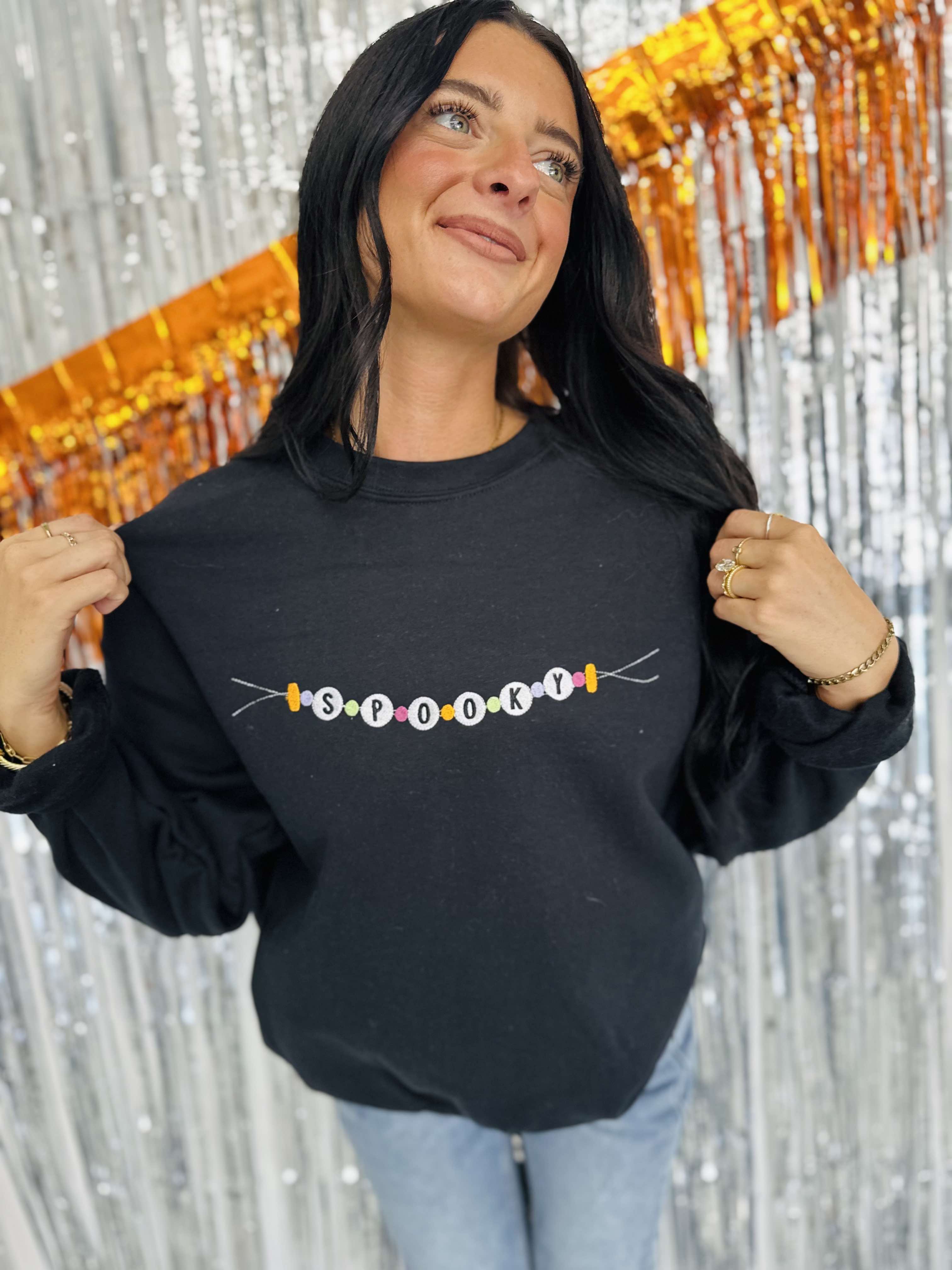 Spooky Beaded Embroidered Black Sweatshirt