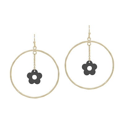 Black Flower Hoop Earrings