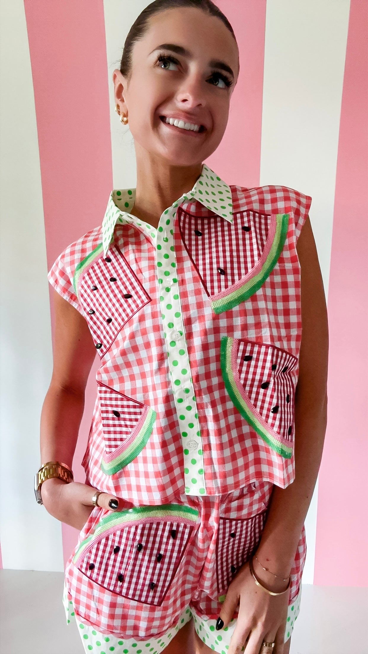 Queen Of Sparkles Red Gingham & Green Polka Dot Watermelon Button Up Tank