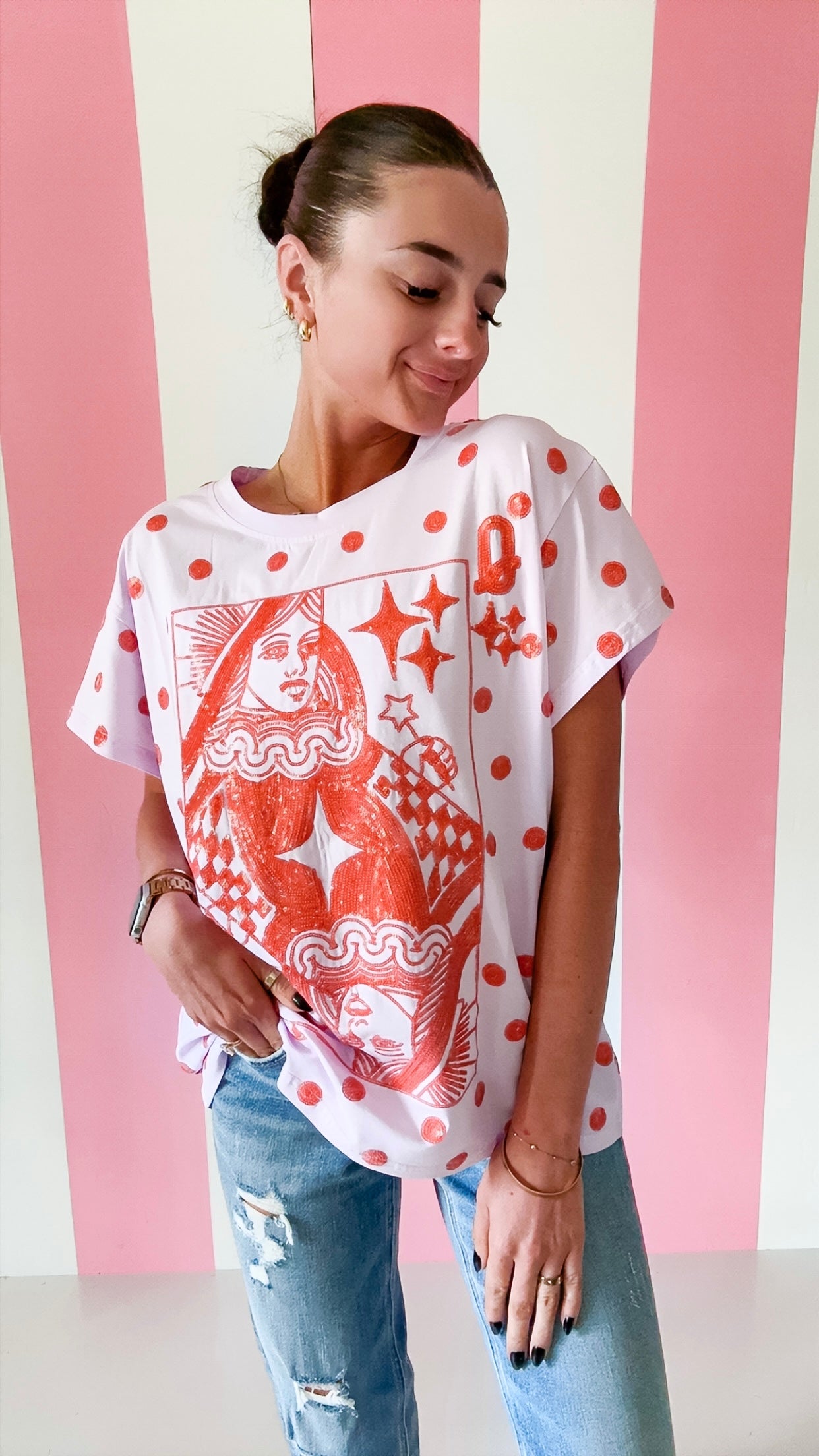 Queen Of Sparkles Pink & Orange Polka Dot QOS Card Logo Tee