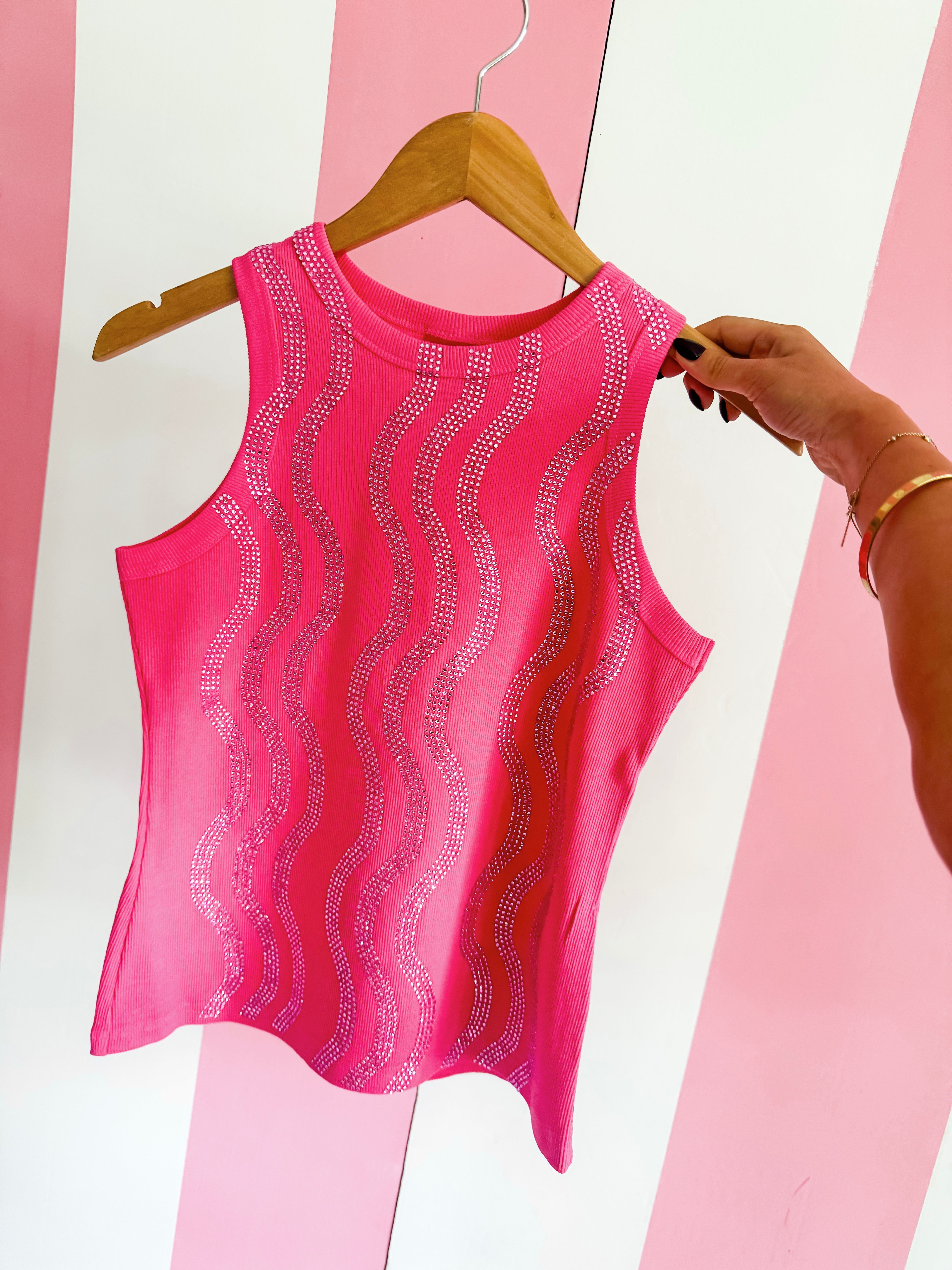 Queen Of Sparkles Pink Wavy Rhinestone Tank