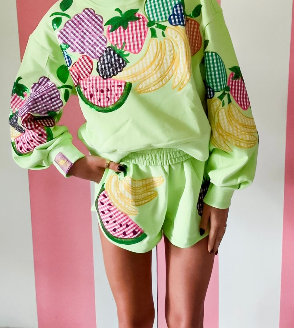Queen Of Sparkles Green Multi Gingham Fruit Shorts