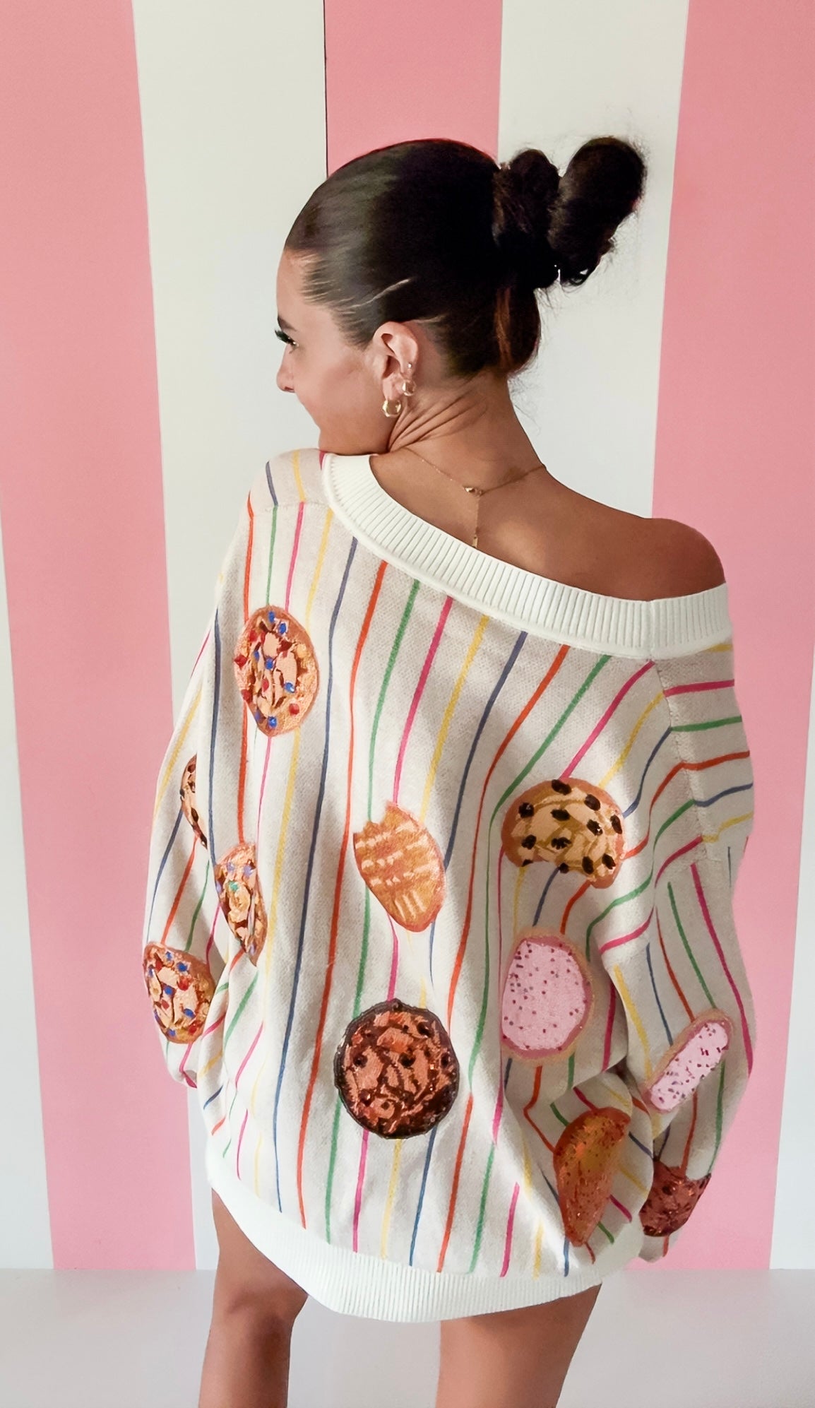 Queen Of Sparkles Ivory & Rainbow Striped Cookie Button Up Cardigan