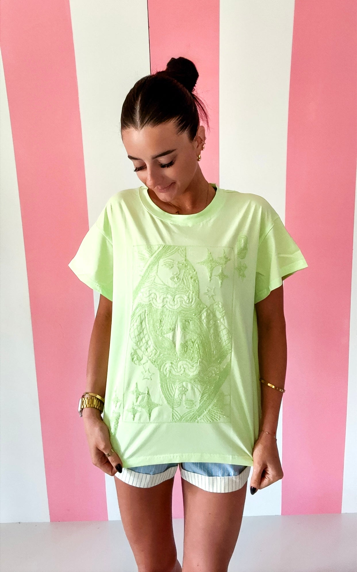 Queen Of Sparkles Lime Green Tonal QOS Card Logo Tee