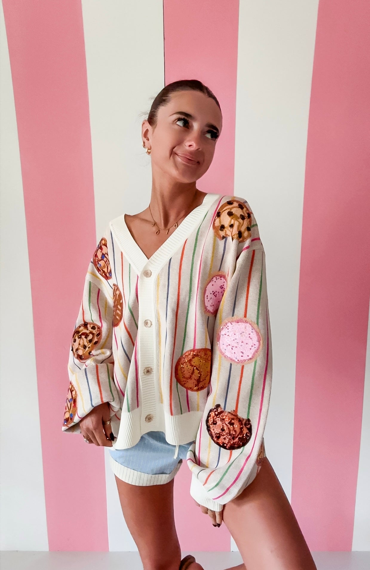 Queen Of Sparkles Ivory & Rainbow Striped Cookie Button Up Cardigan