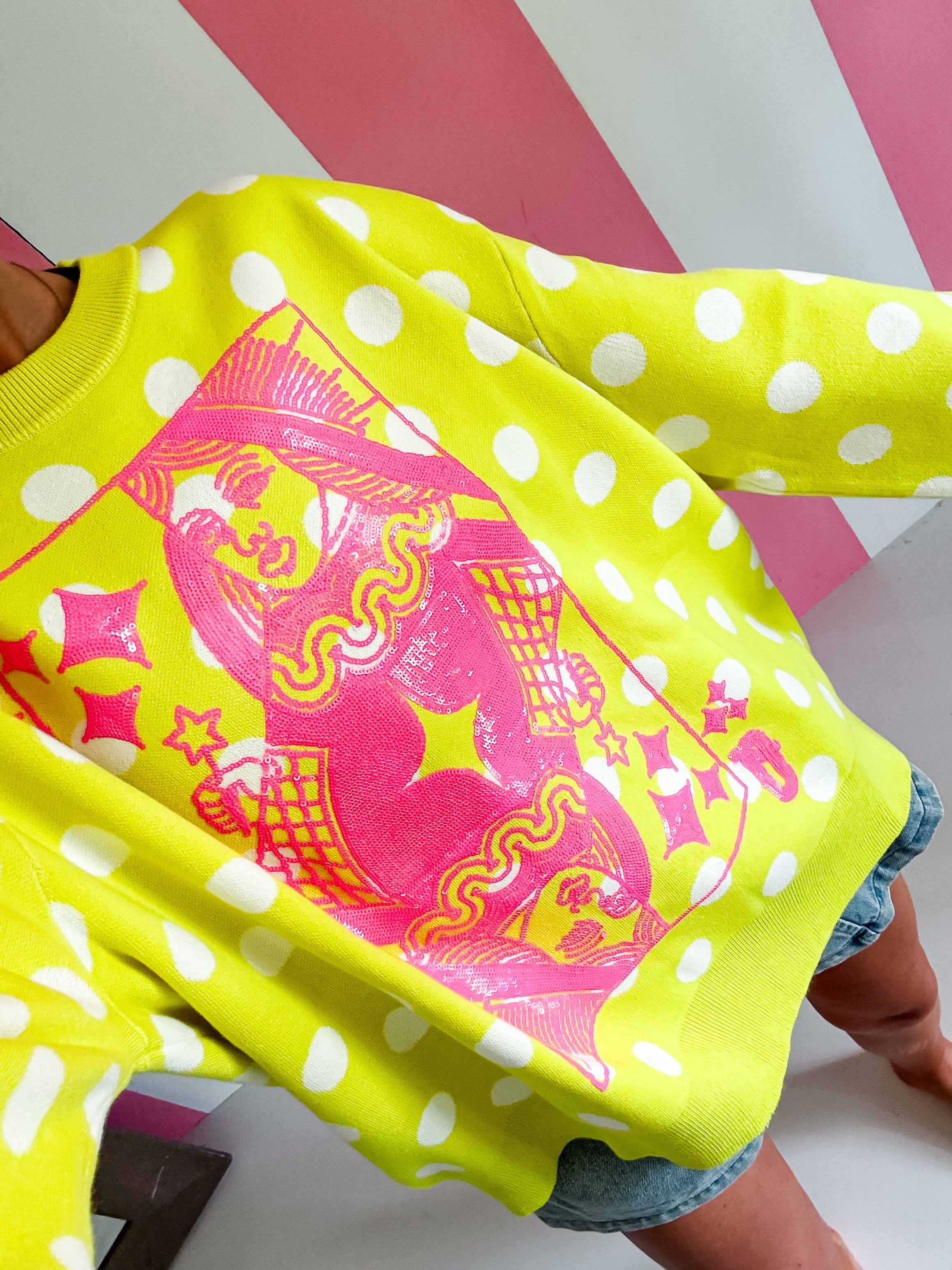 Queen Of Sparkles Lime Green & Pink Polka Dot QOS Card Logo Sweater