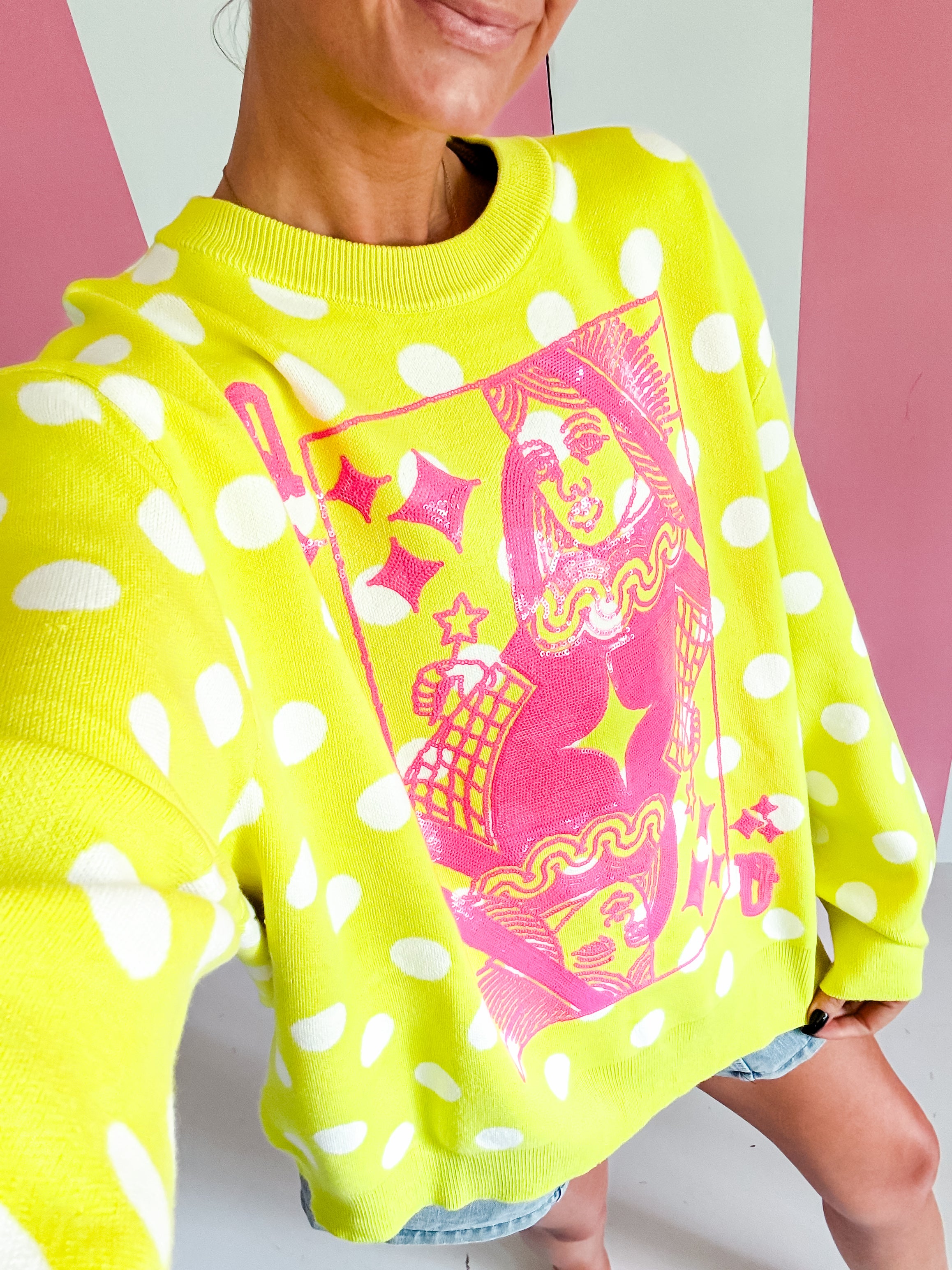 Queen Of Sparkles Lime Green & Pink Polka Dot QOS Card Logo Sweater