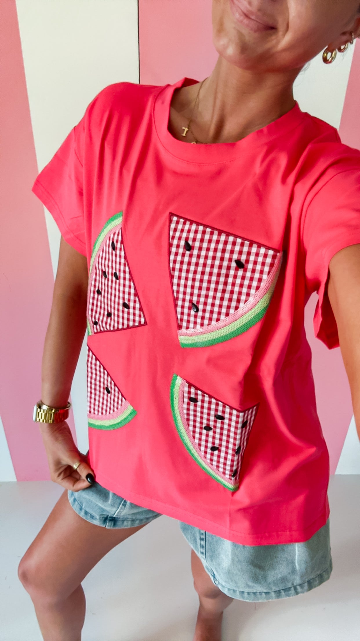 Queen Of Sparkles  Red Gingham Watermelon Tee