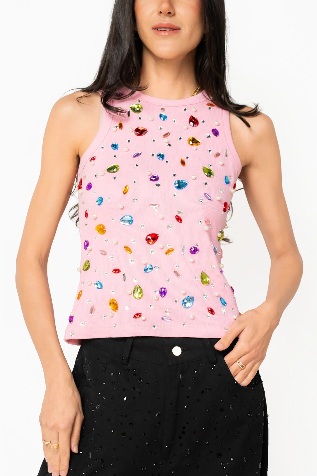 Queen Of Sparkles Pink Jewel & Pearl Tank