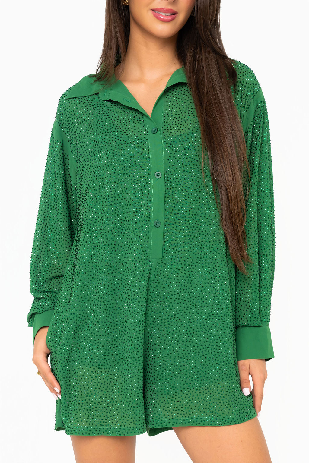 Queen Of Sparkles Green Rhinestone Button Up Romper