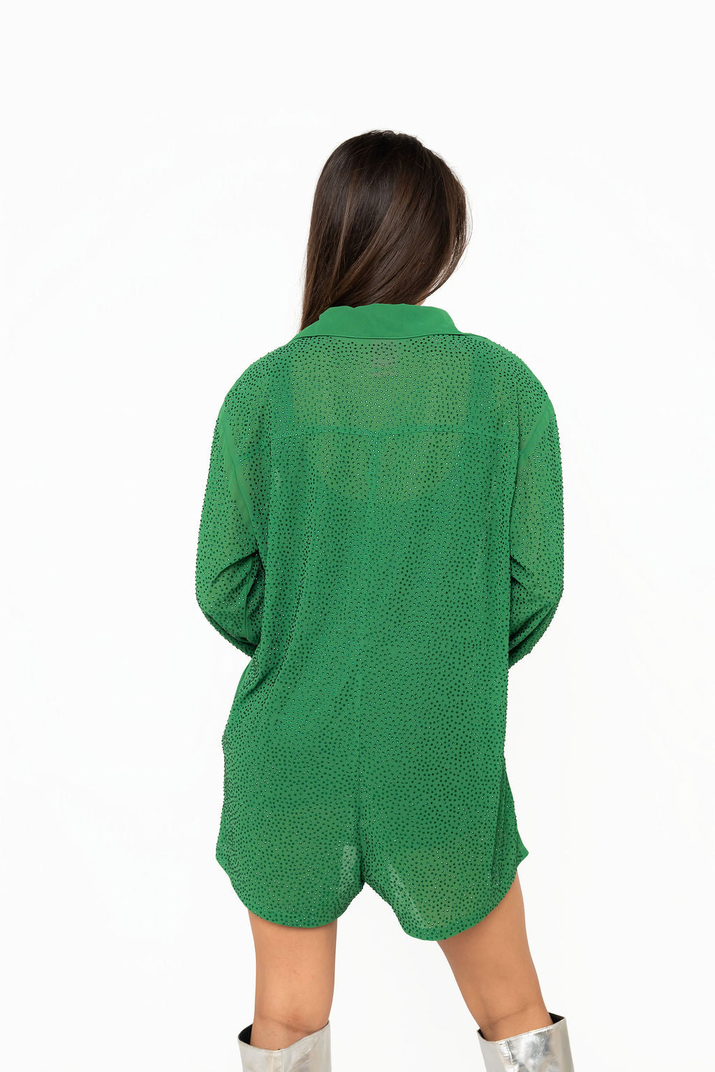 Queen Of Sparkles Green Rhinestone Button Up Romper
