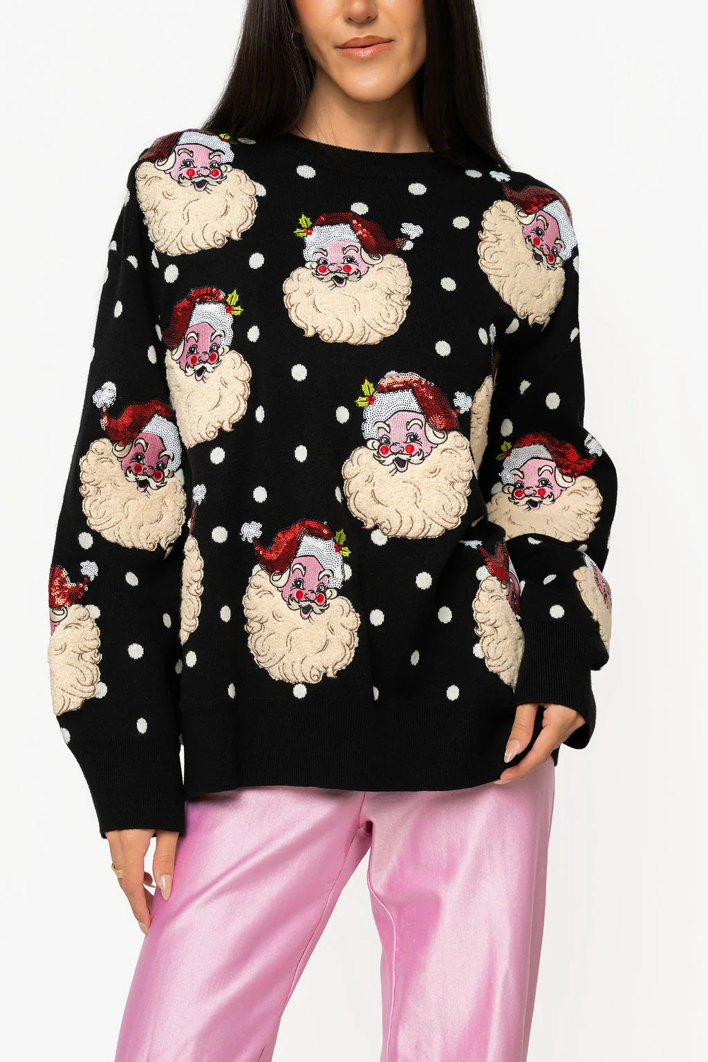 Queen Of Sparkles Black & White Polka Dot Scattered Santa Sweater