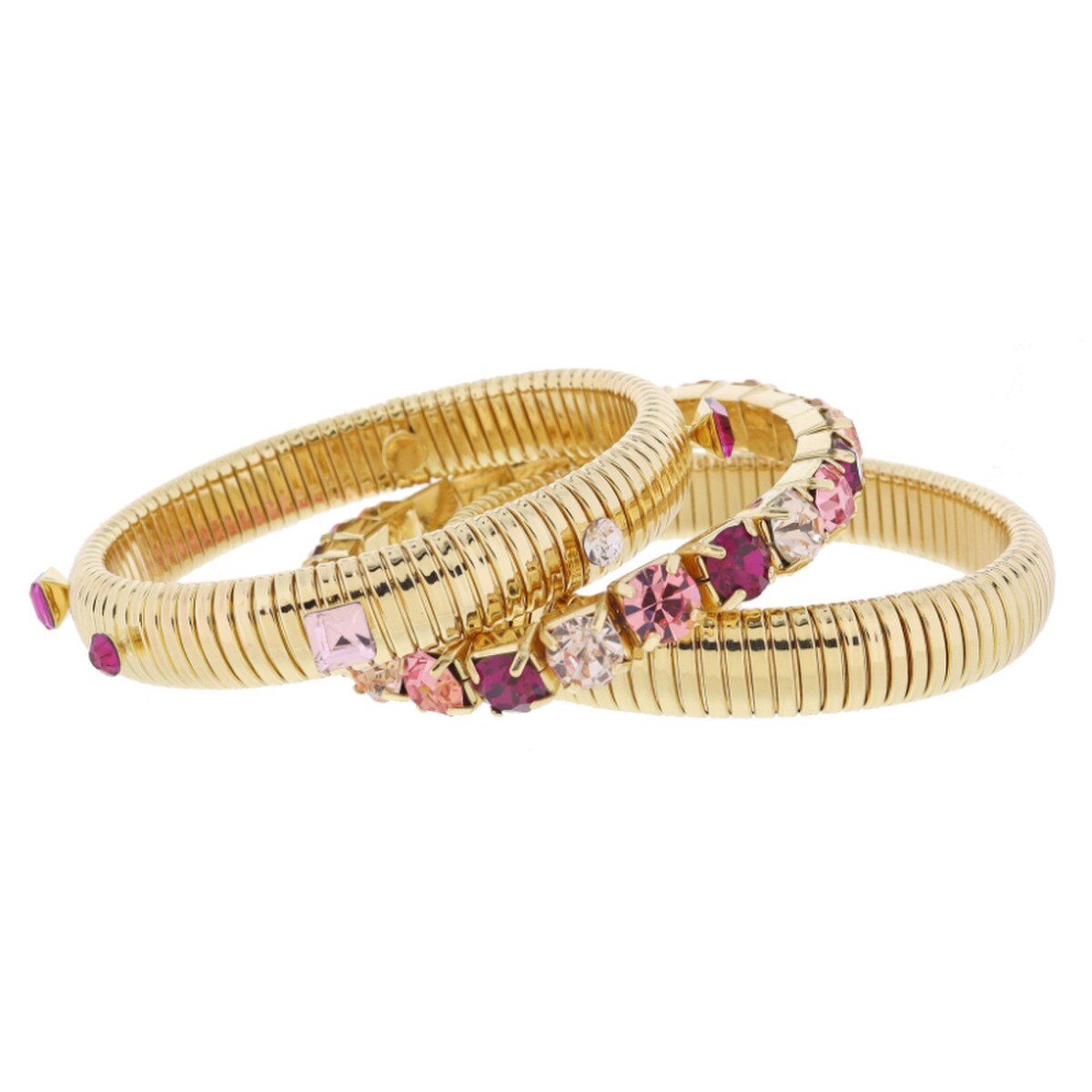 Jane Marie Set Of 3 Chunky Gold Pink Crystal Bracelets