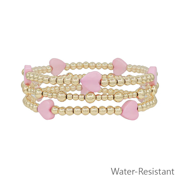 Gold Beaded with Pink Hearts Set of 3 Stretch Bracelets