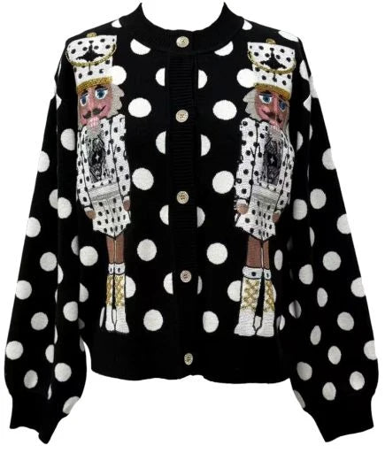 Queen Of Sparkles Black & White Polka Dot Nutcracker in QOS Button Up Cardigan